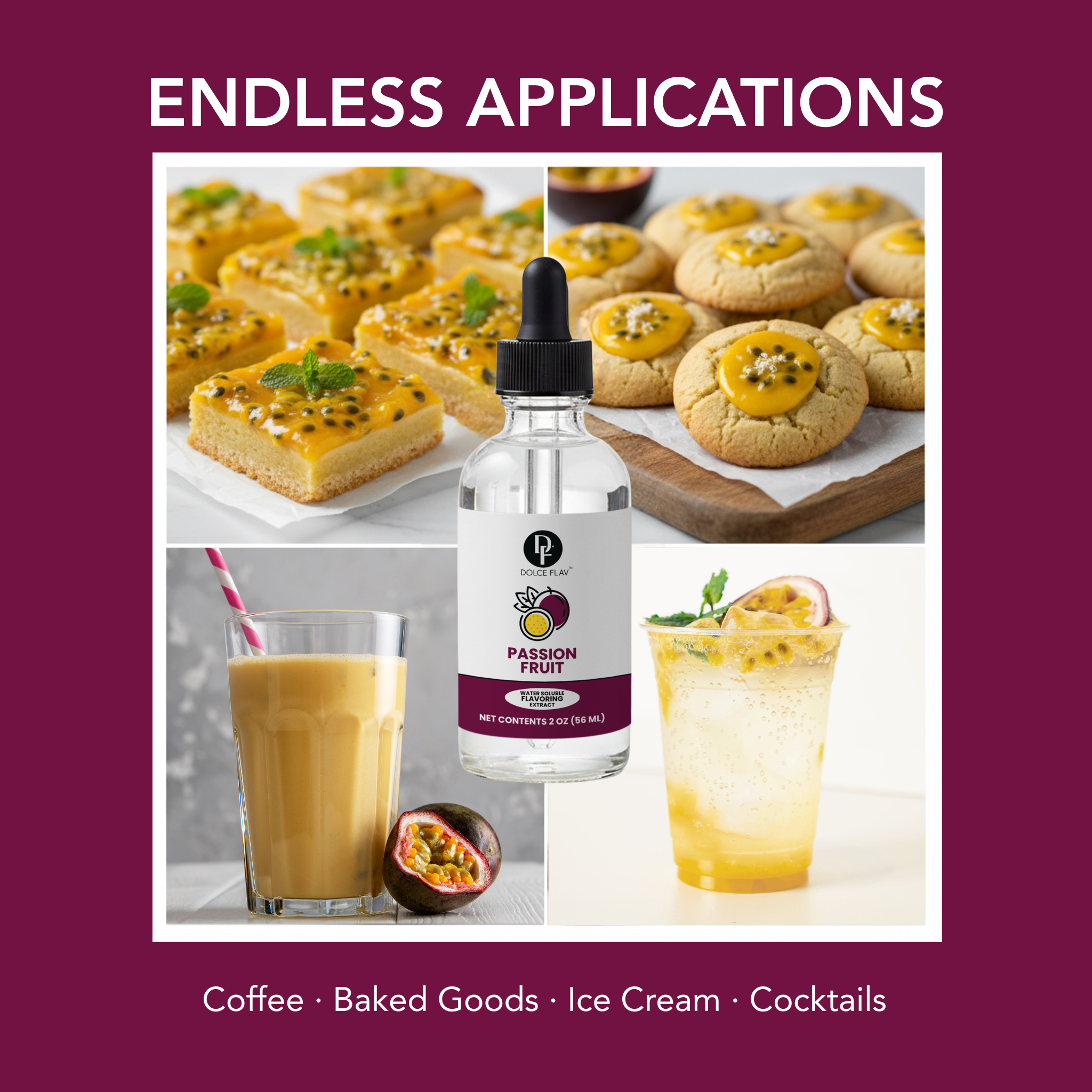 Bottle of passion fruit extract with应用场景示例，包括咖啡、烘焙食品、冰淇淋和鸡尾酒。