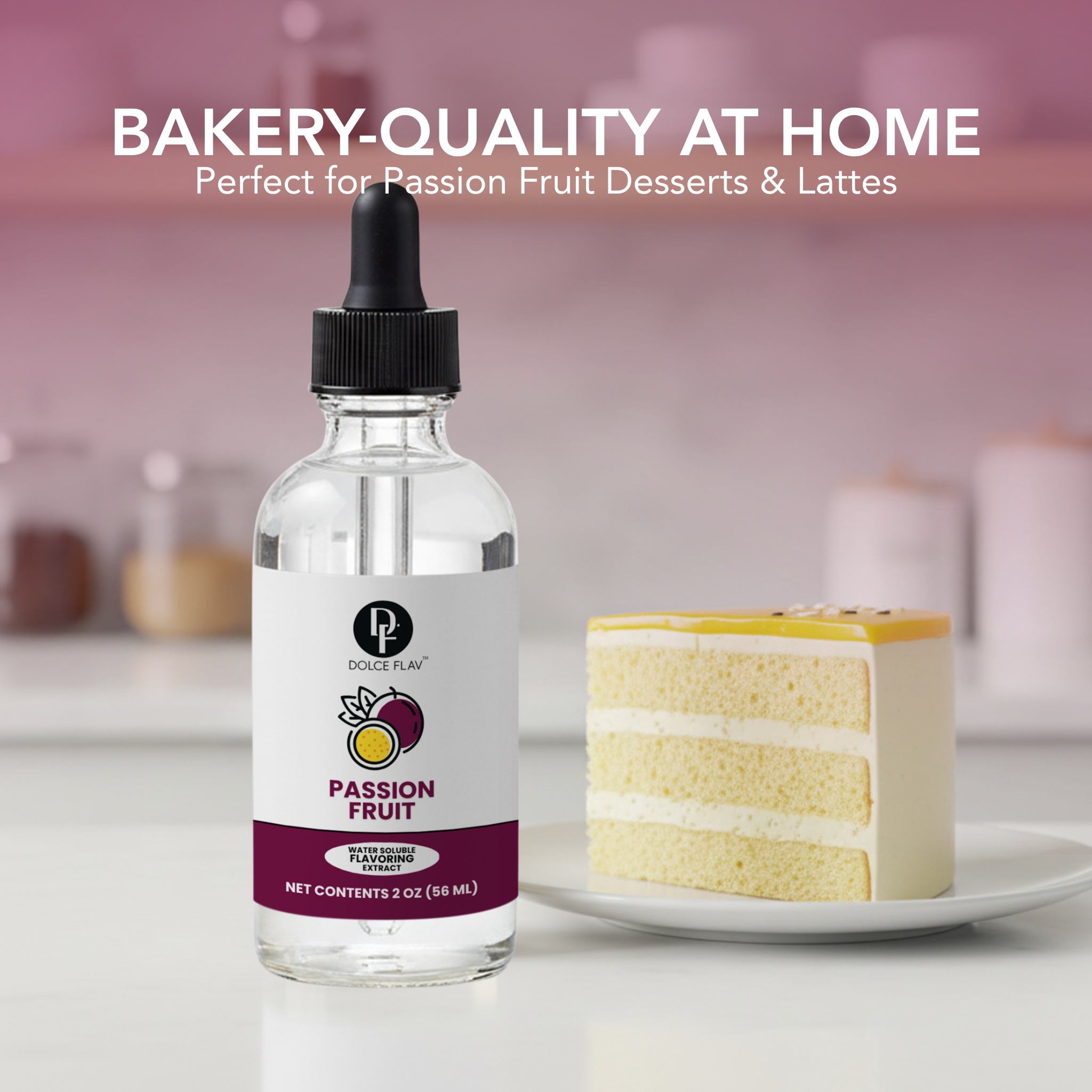 Bottle of passion fruit flavoring with a slice of cake on a kitchen counter.