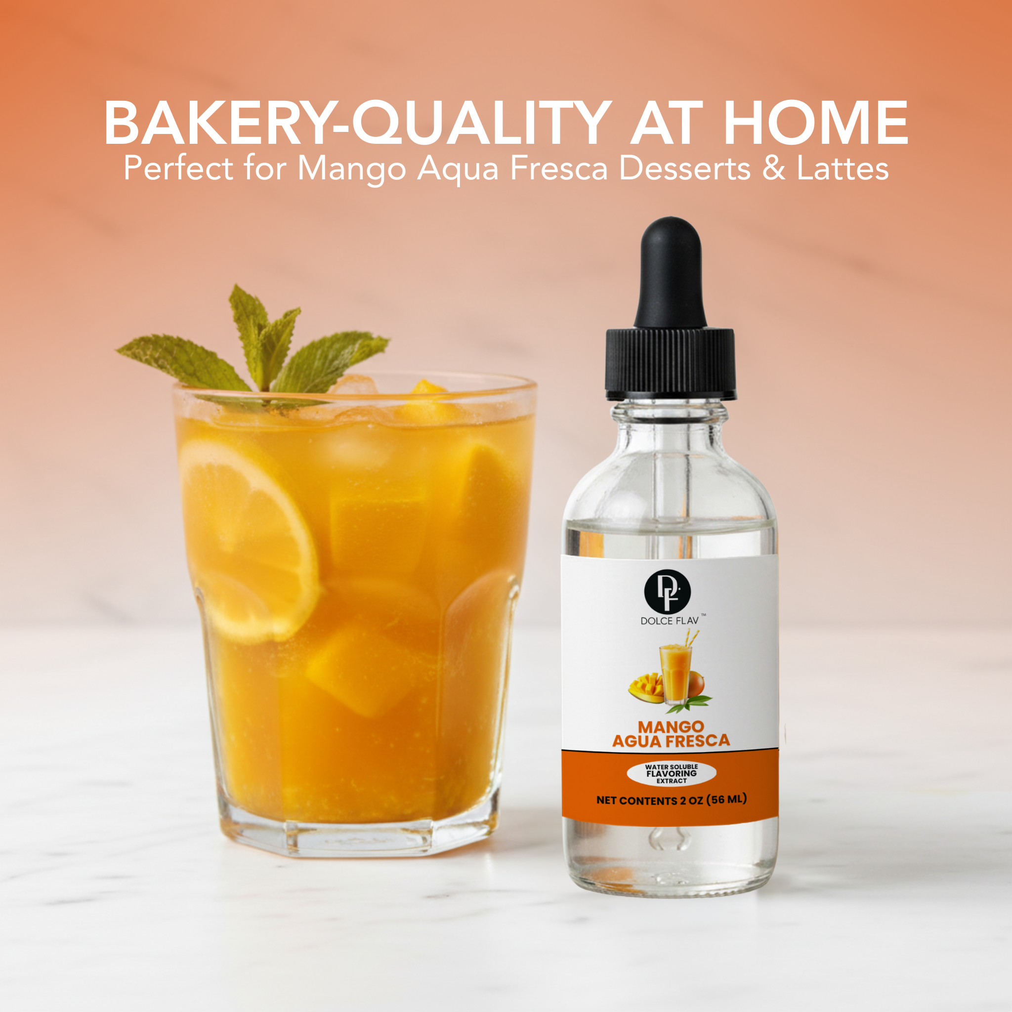 Bottle of Mango Aqua Fresca syrup next to a glass of mango agua fresca with mint leaves on a gradient background.