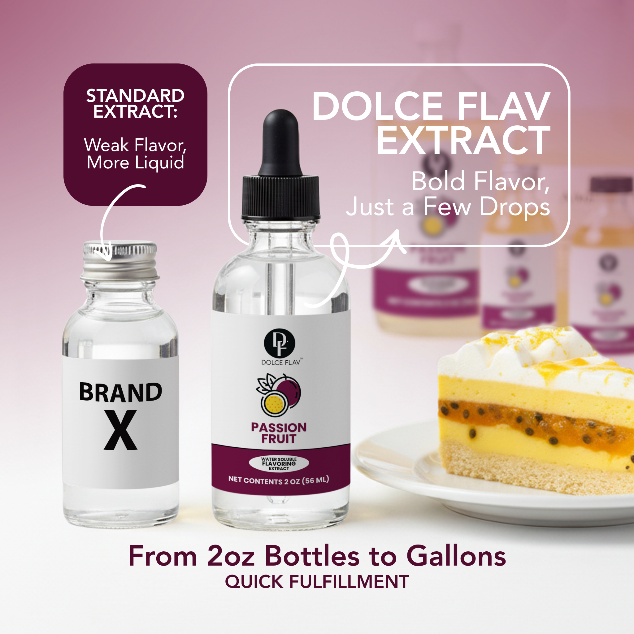 Dolce Flav extract bottle with a comparison to Brand X extract, shown with a dessert in the background.