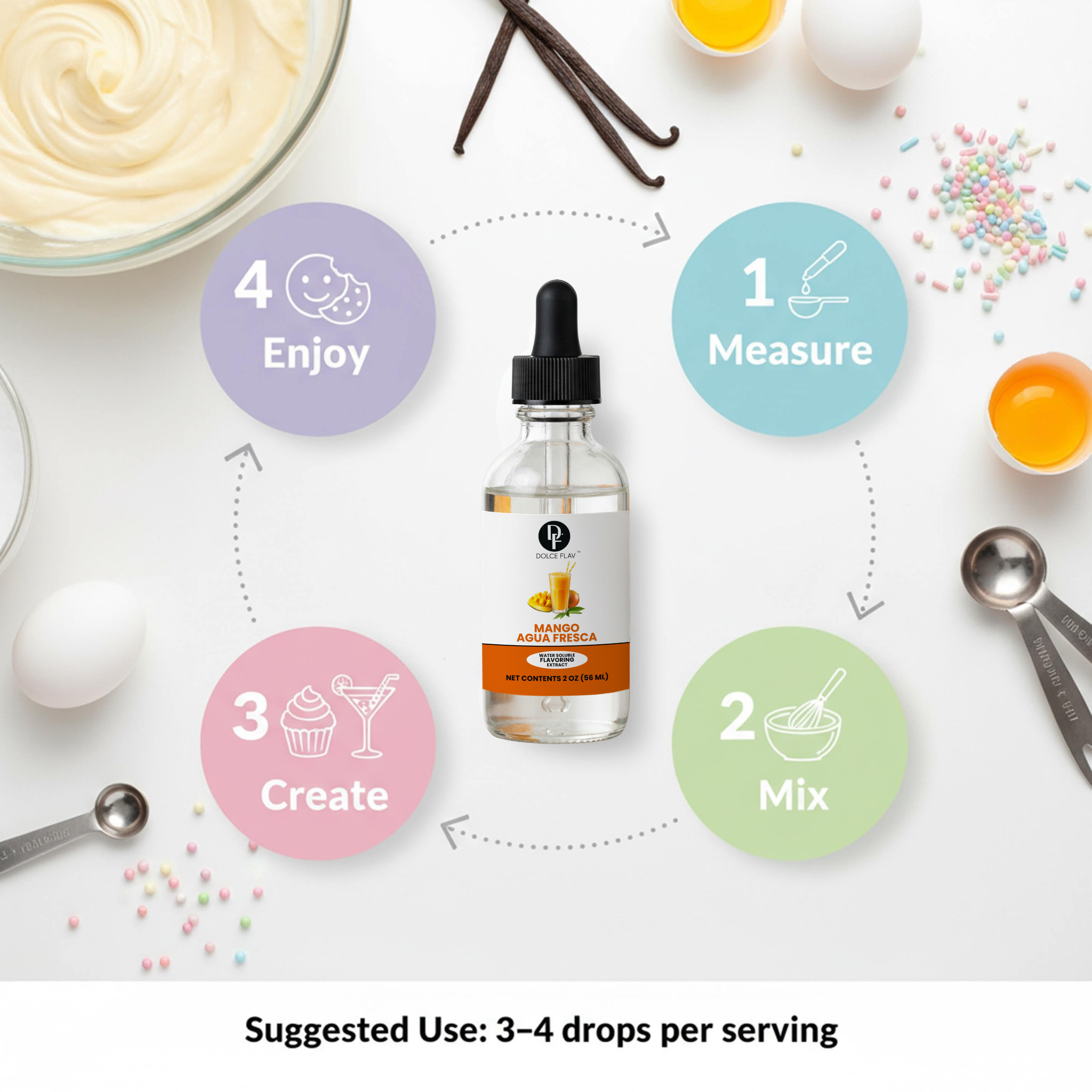Bottle of vanilla extract with cooking ingredients and steps on a white background