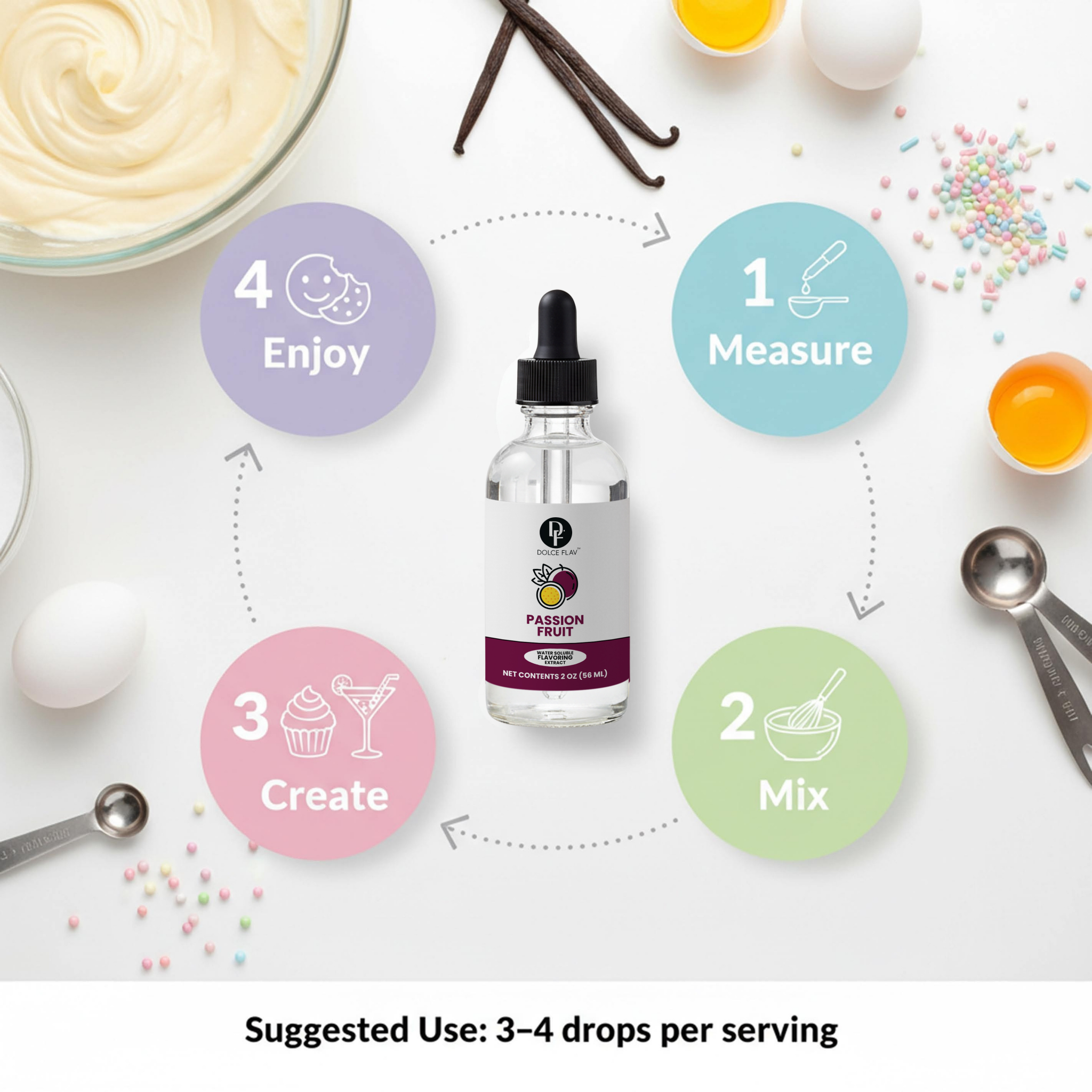 Bottle of passion fruit extract with cooking ingredients and steps on a white background