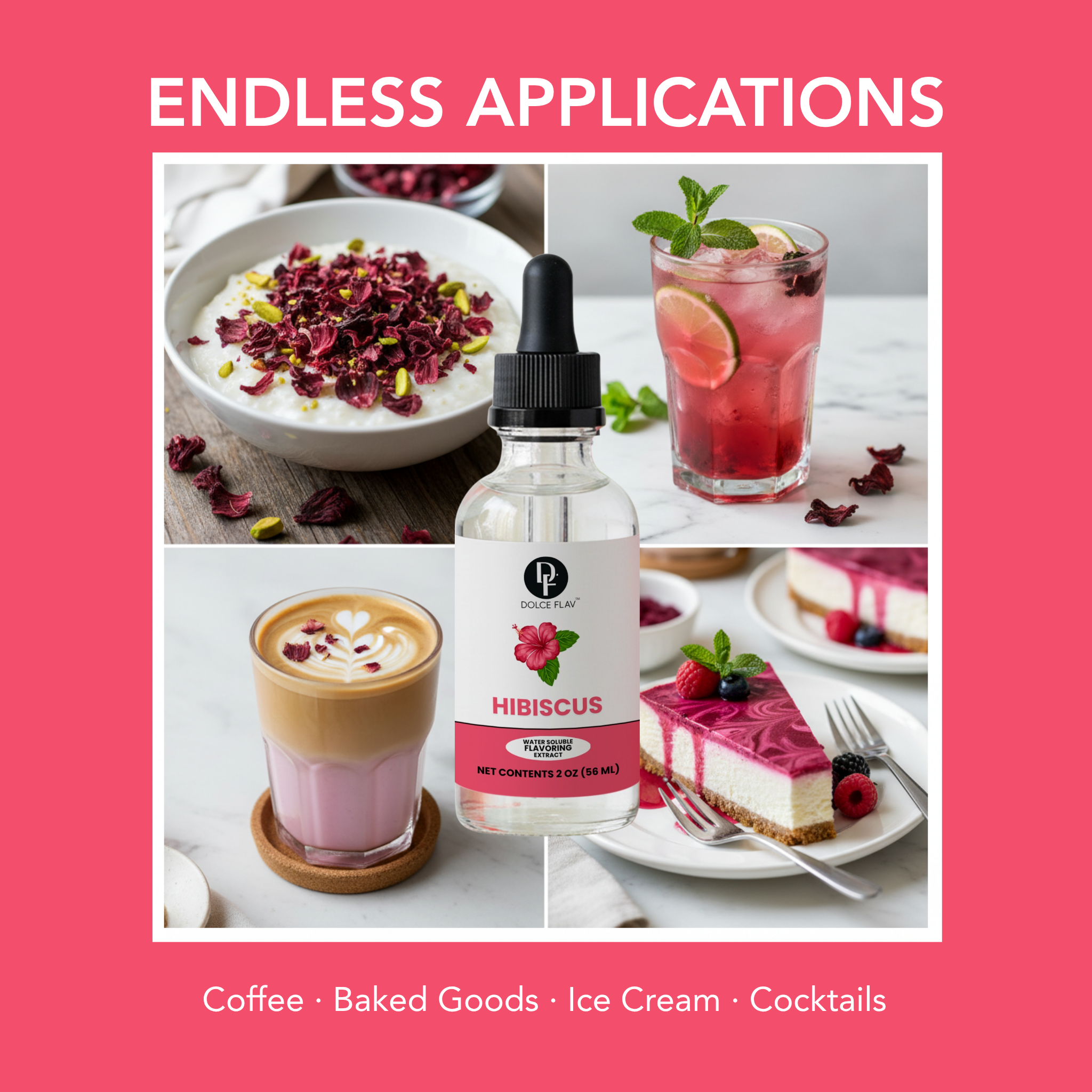 Collage of hibiscus products with a pink background and text 'Endless Applications'.