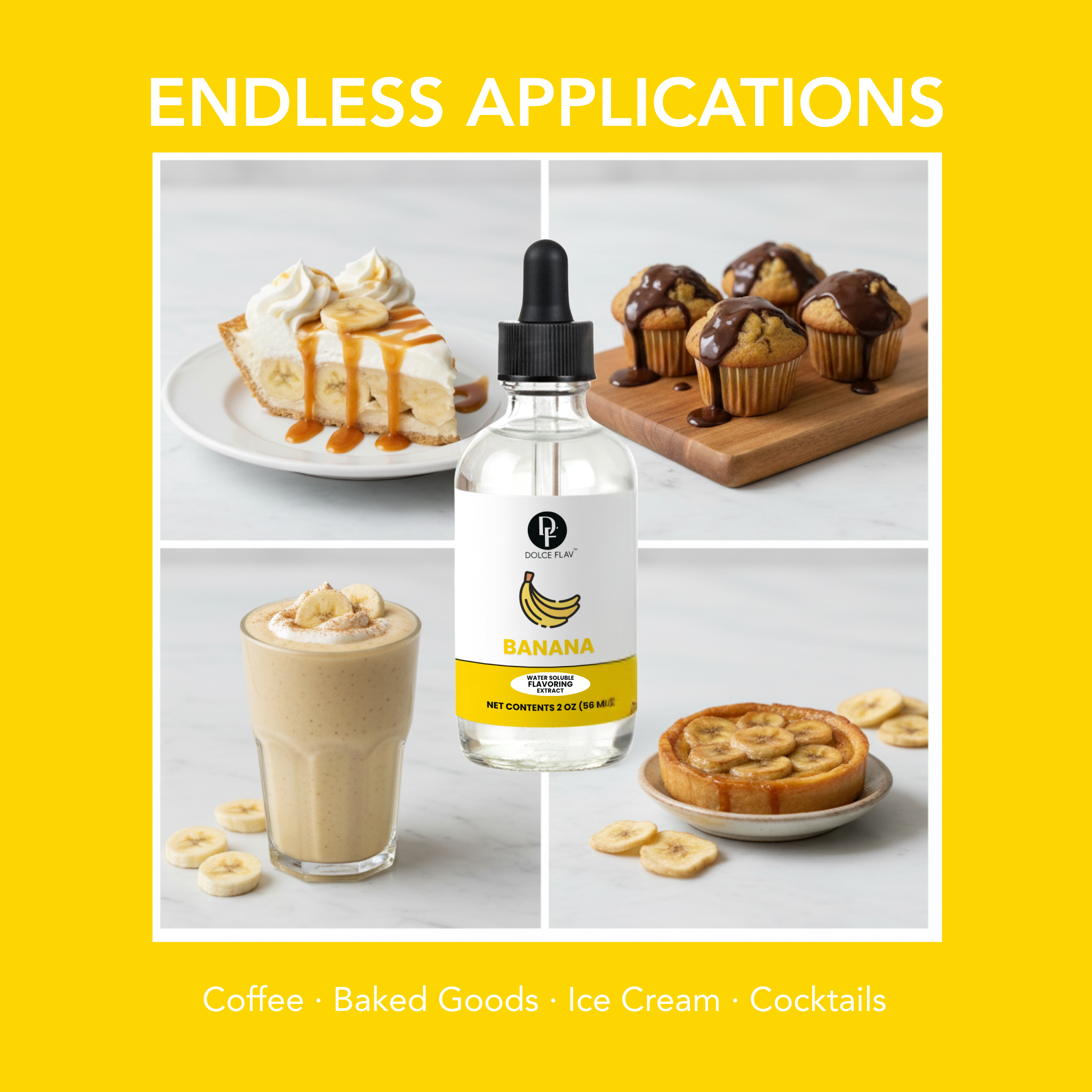 Bottle of banana-flavored syrup with images of food items on a yellow background