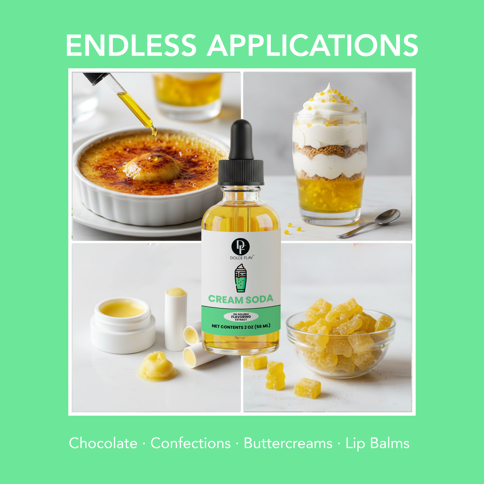 Collage of a bottle labeled 'Cream Soda' with images of desserts and confections on a green background.