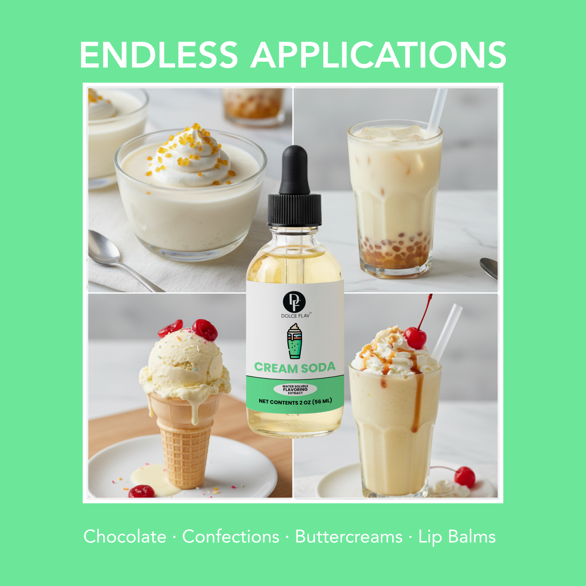 Collage of desserts and a bottle labeled 'Cream Soda' with text 'Endless Applications' on a green background.