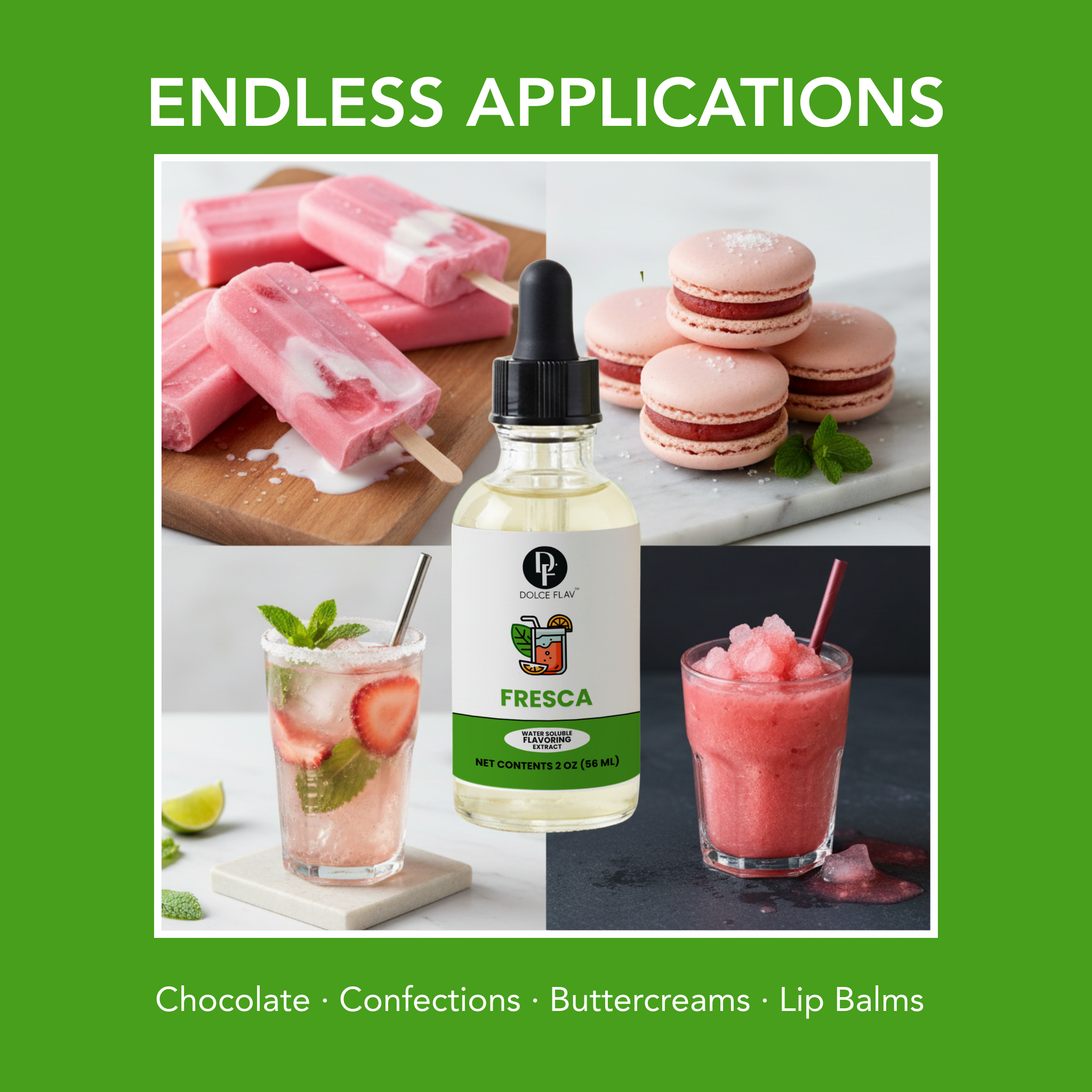 Fresca bottle with pink treats and drinks on a green background