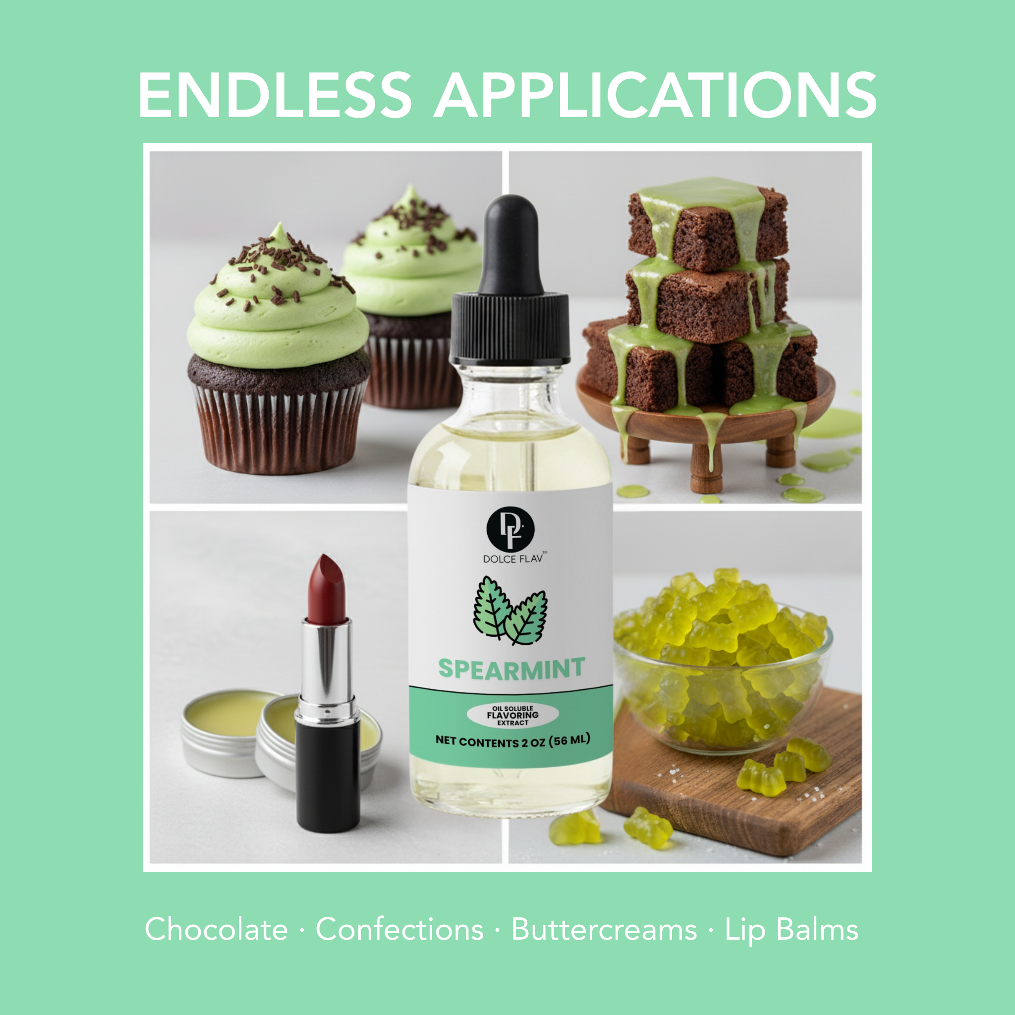 Spearmint-flavored product with applications on chocolate, confections, buttercreams, and lip balms.