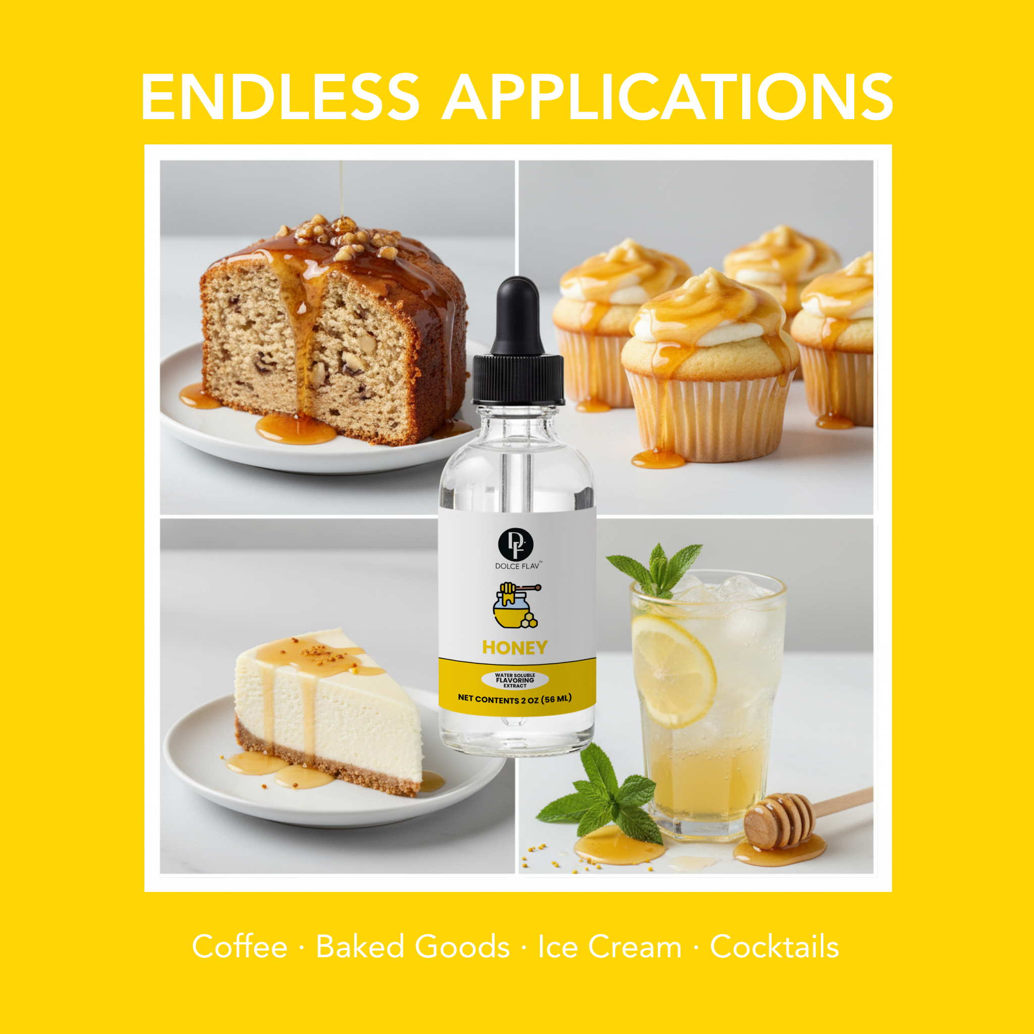 Bottle of honey with应用场景 text and images of honey in various food items on a yellow background.