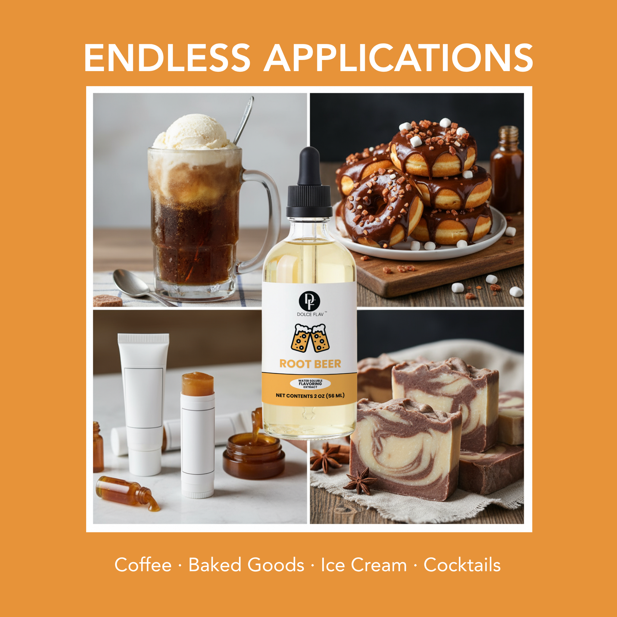 Product bottle with various applications including coffee, baked goods, ice cream, and cocktails on an orange background.