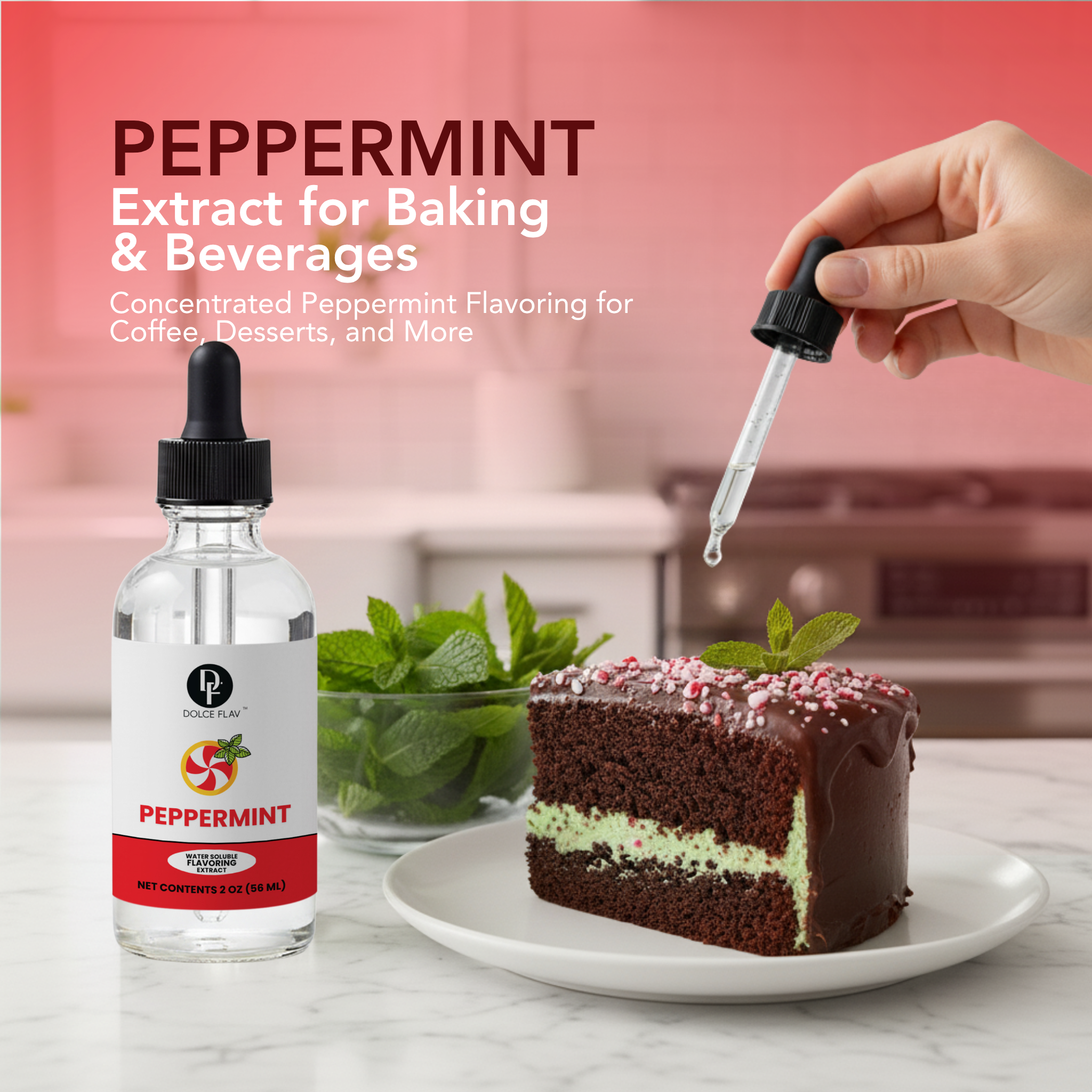 Peppermint extract bottle with a dropper over a slice of chocolate cake on a kitchen counter.