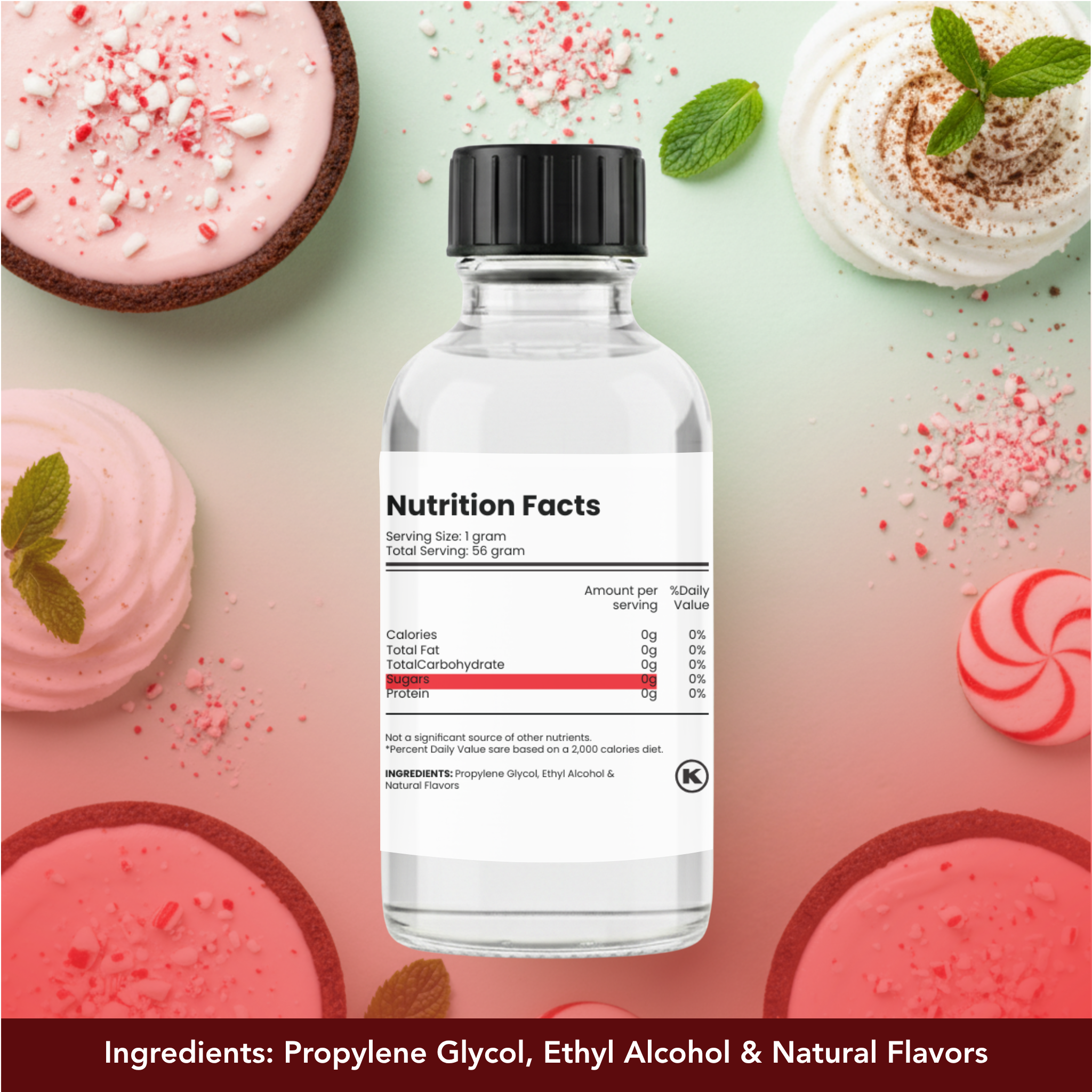 Bottle with nutrition facts label on a colorful background with desserts