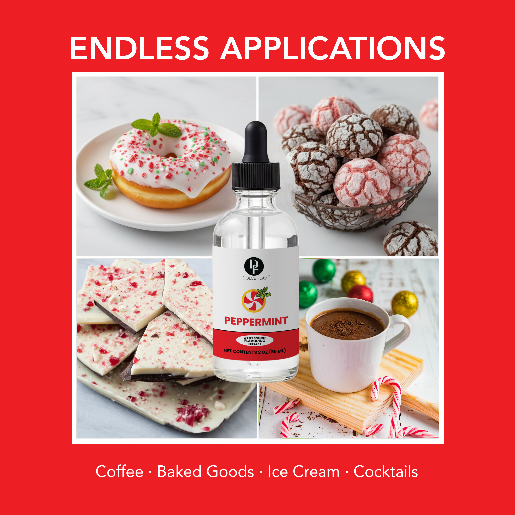 Bottle of peppermint extract with images of donuts, cookies, and coffee on a red background.