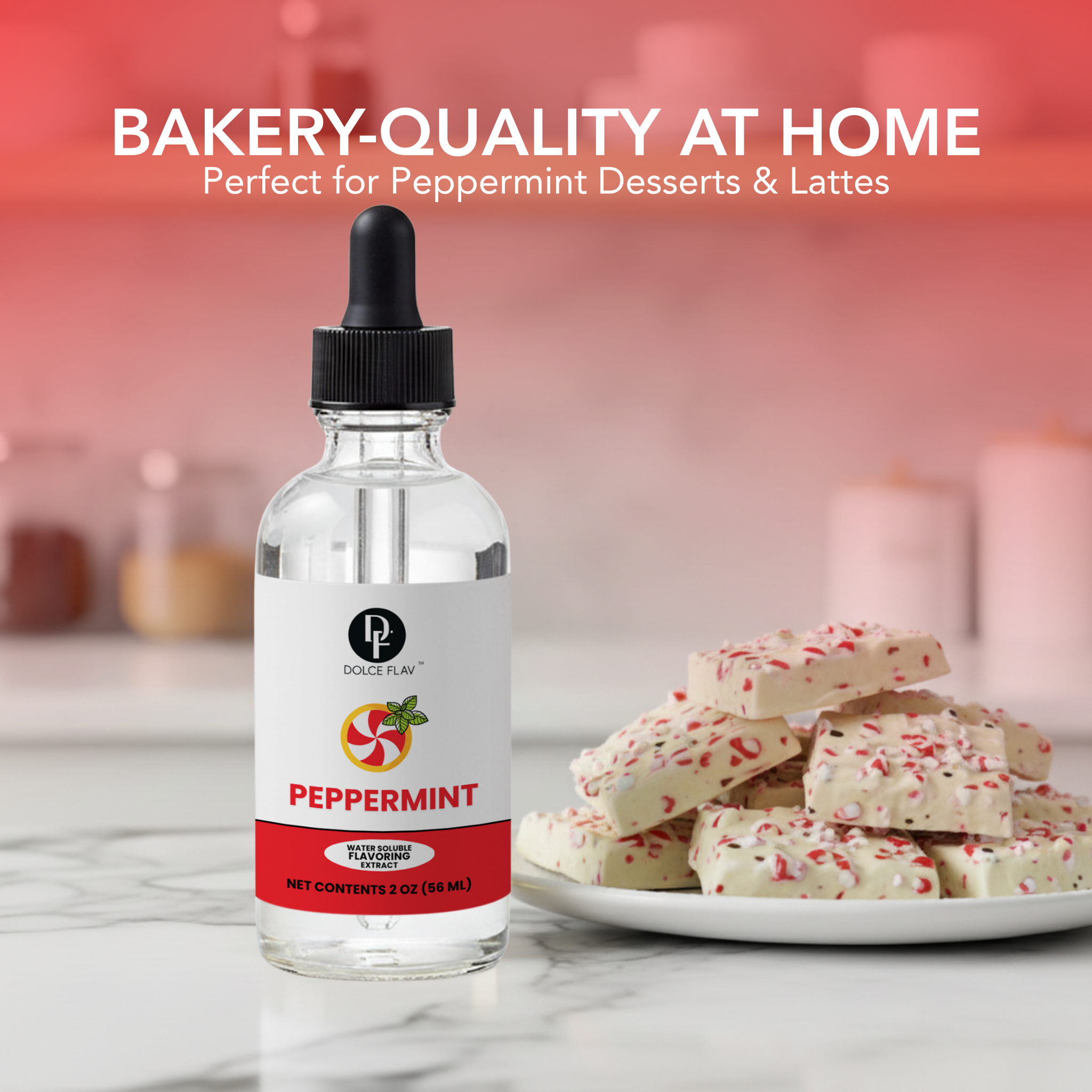 Bottle of peppermint flavoring with a plate of peppermint cookies on a blurred kitchen background.