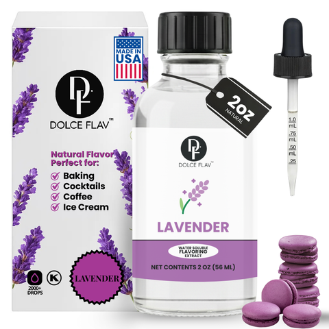 Dolce Flav lavender extract bottle with packaging and macarons on a white background