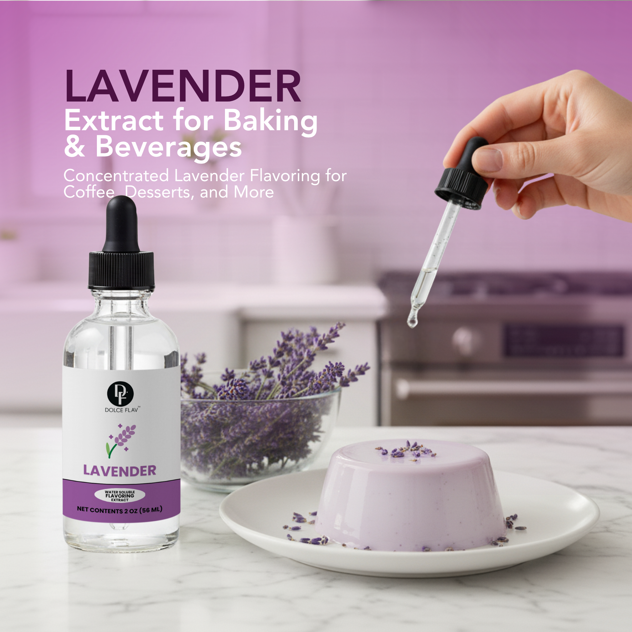 Lavender extract bottle with dropper, lavender flowers, and a dessert on a marble surface.