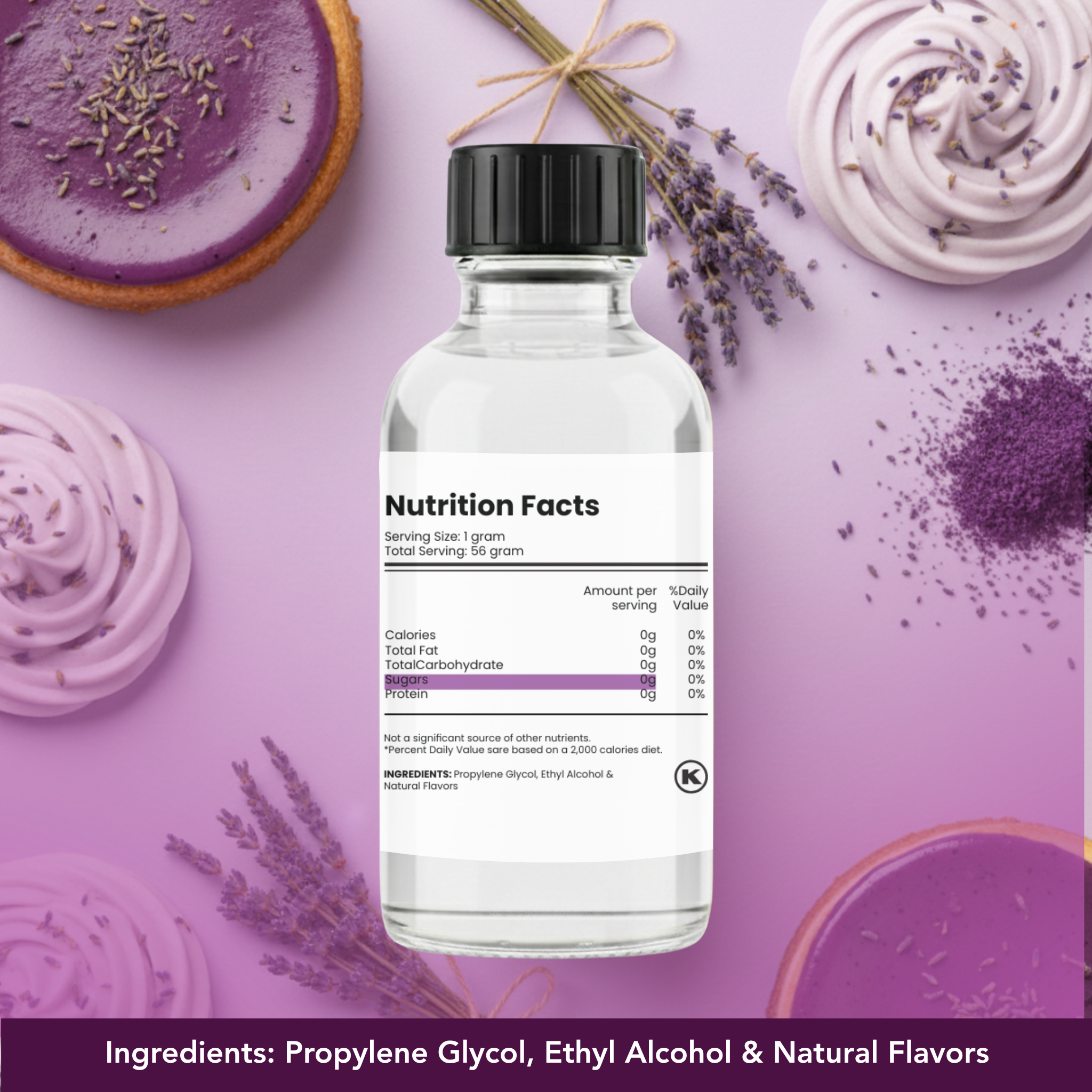 Bottle with nutrition facts label on a purple background with desserts