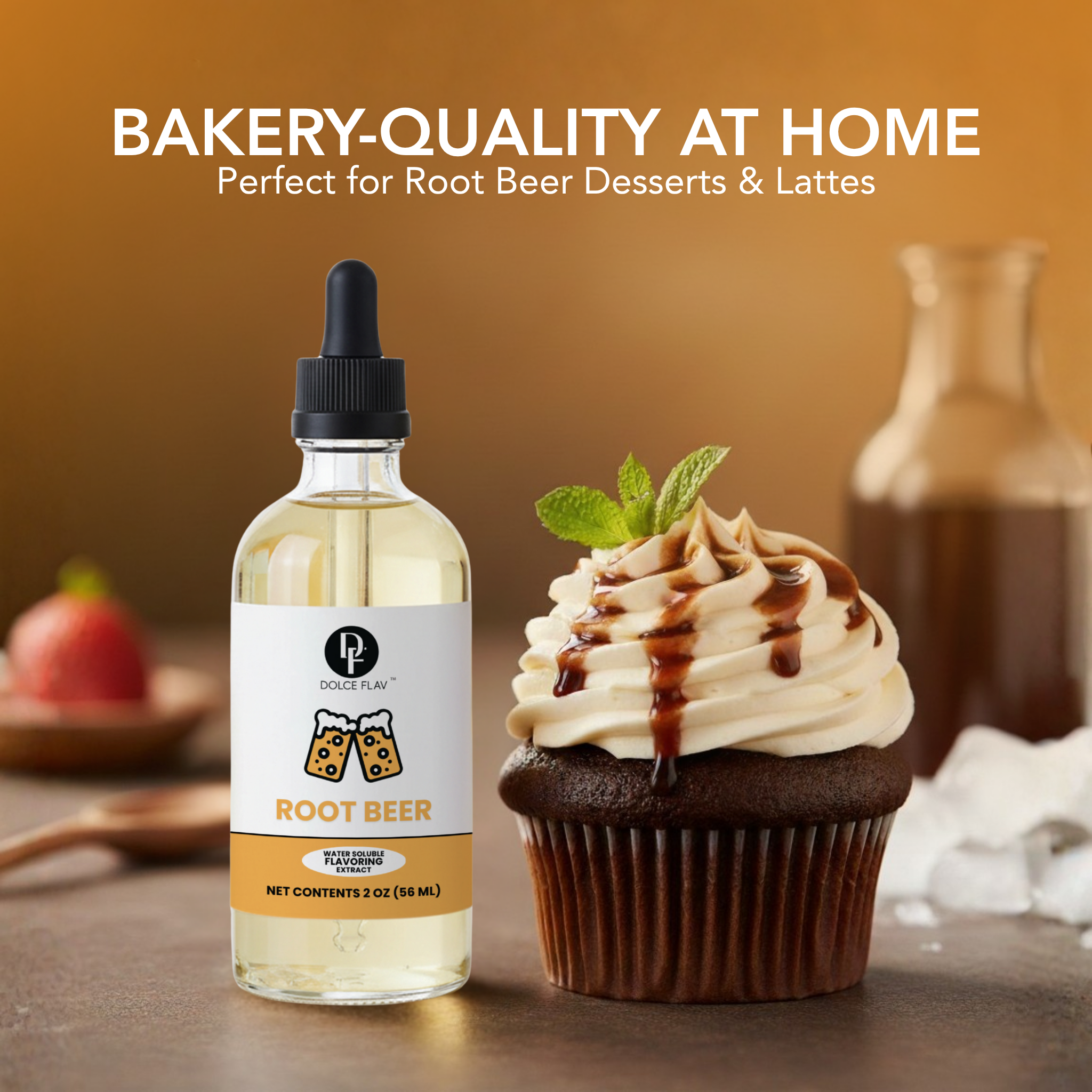 Root beer bottle and cupcake with text 'Bakery-Quality at Home' on a warm background