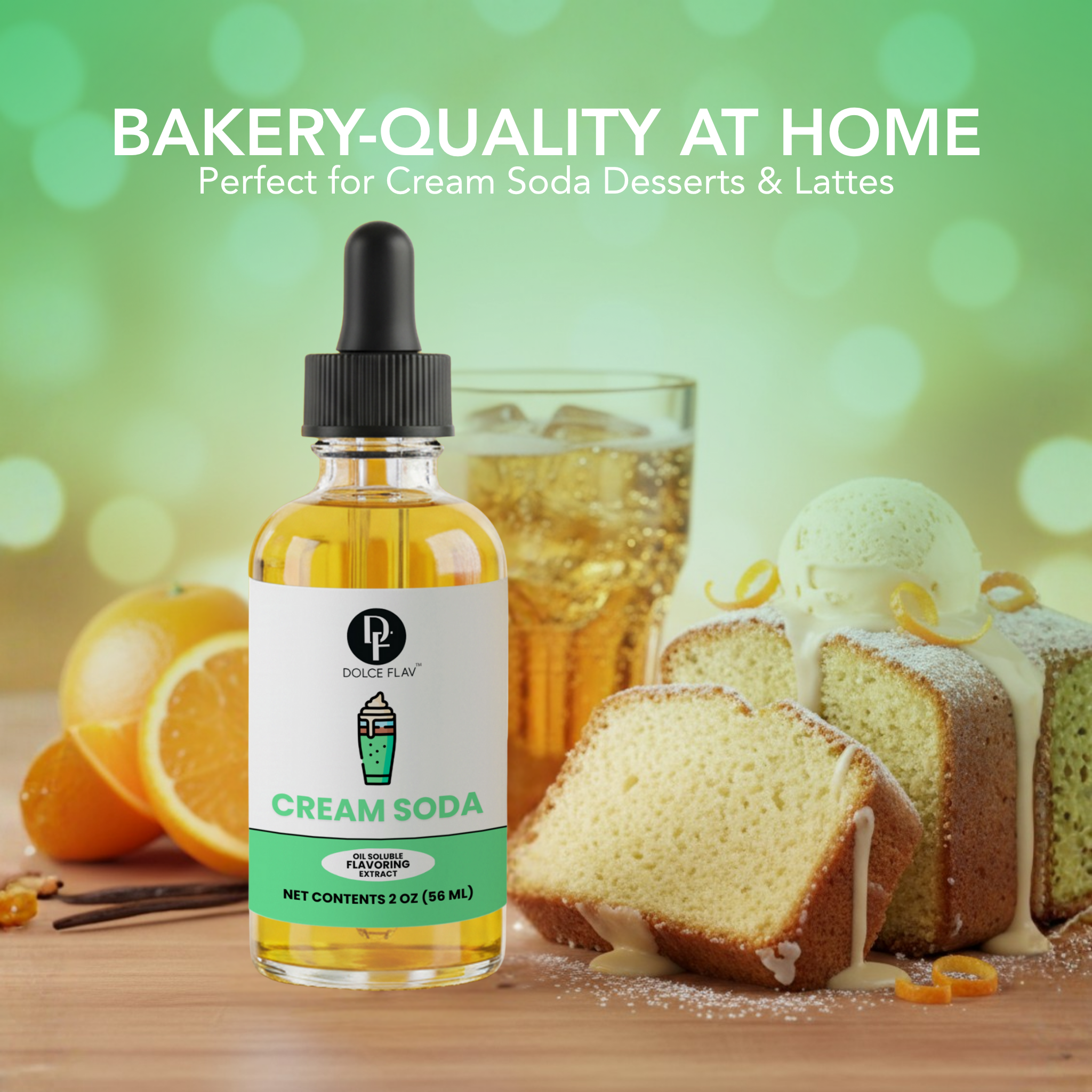 Bottle of Dolce Flav cream soda with a cake, oranges, and vanilla beans on a wooden surface.