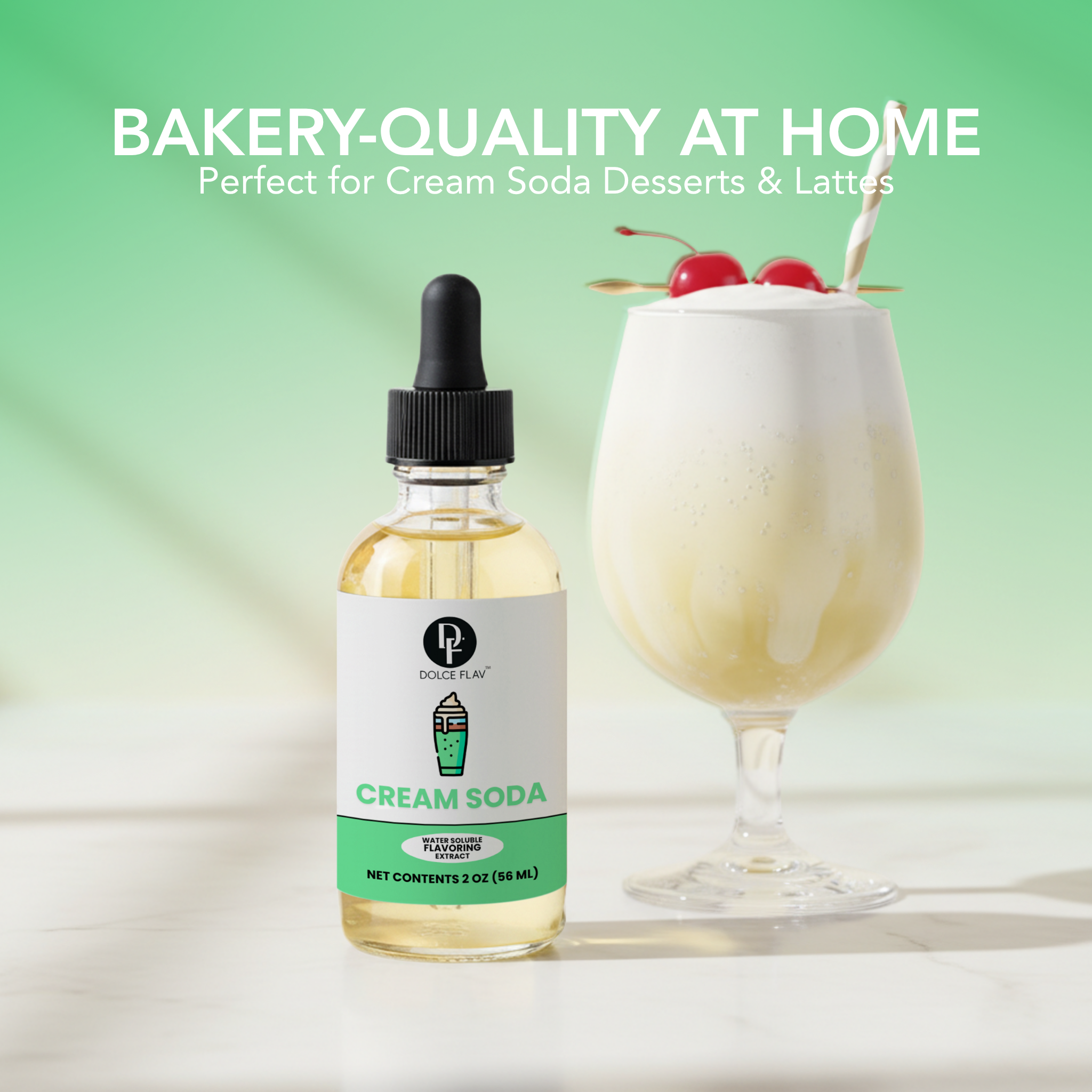 Bottle of Dolce Placca Cream Soda with a glass of cream soda dessert on a light green background.