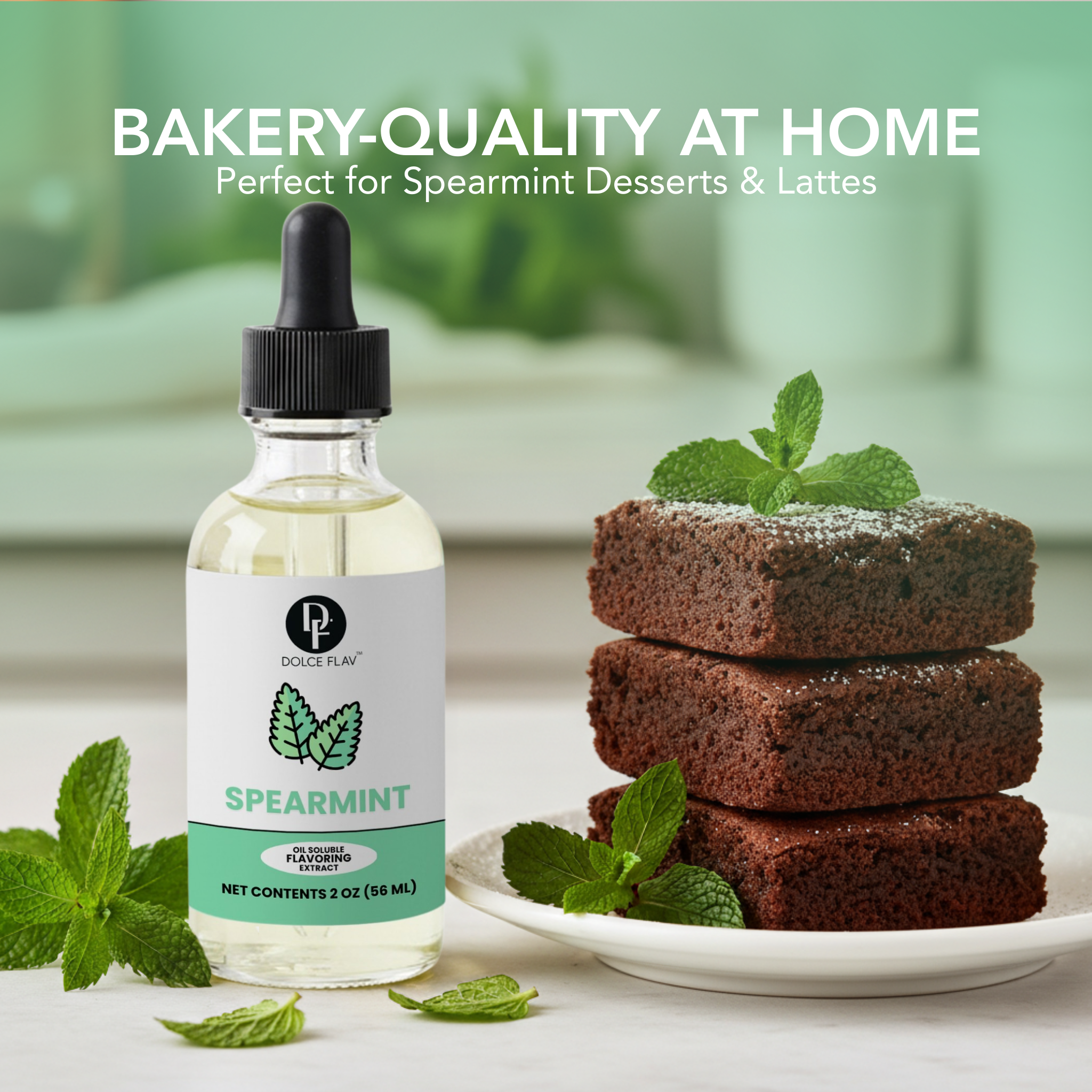 Spearmint-flavored bottle with brownies and mint leaves on a light background