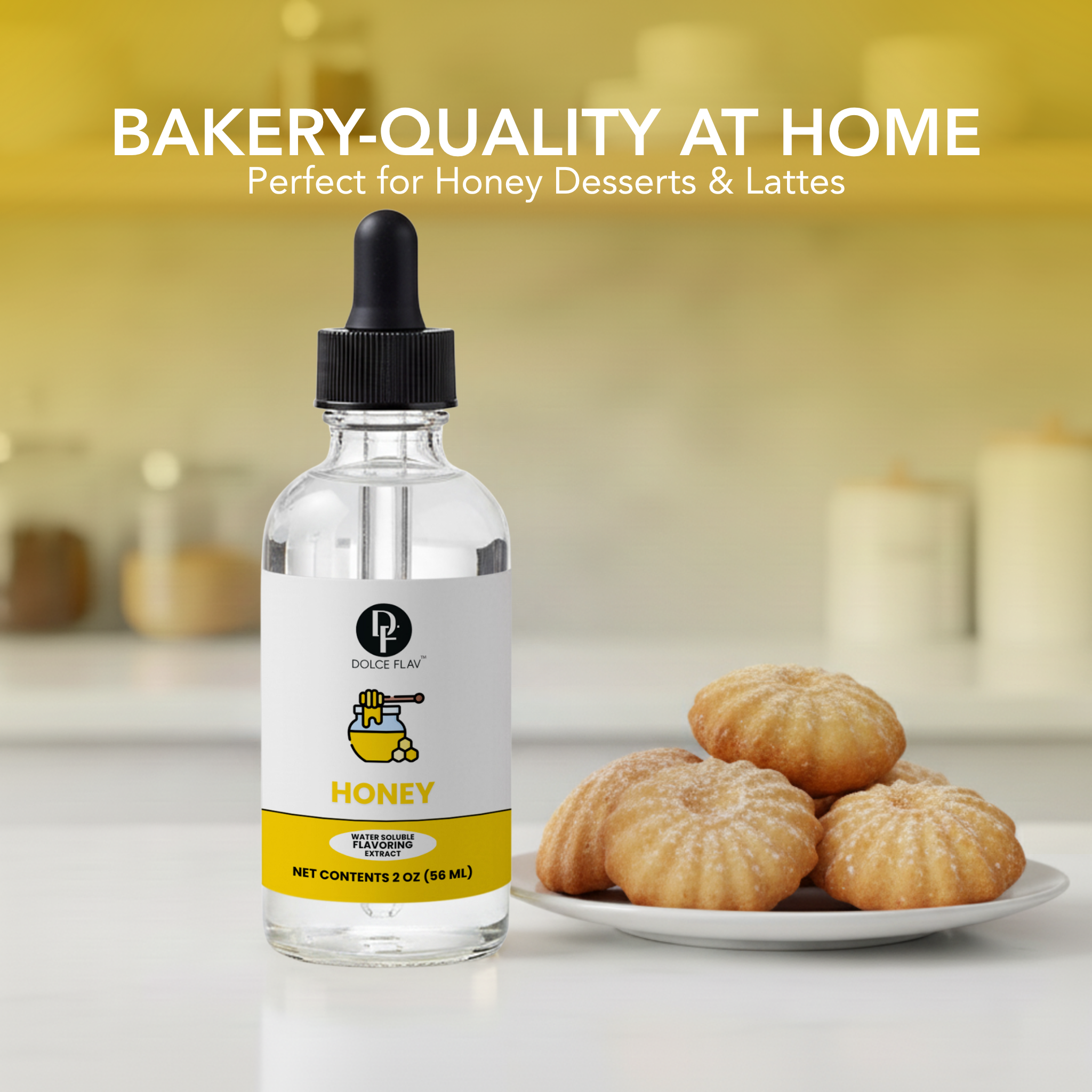 Bottle of honey with a dropper on a kitchen counter with cookies in the background