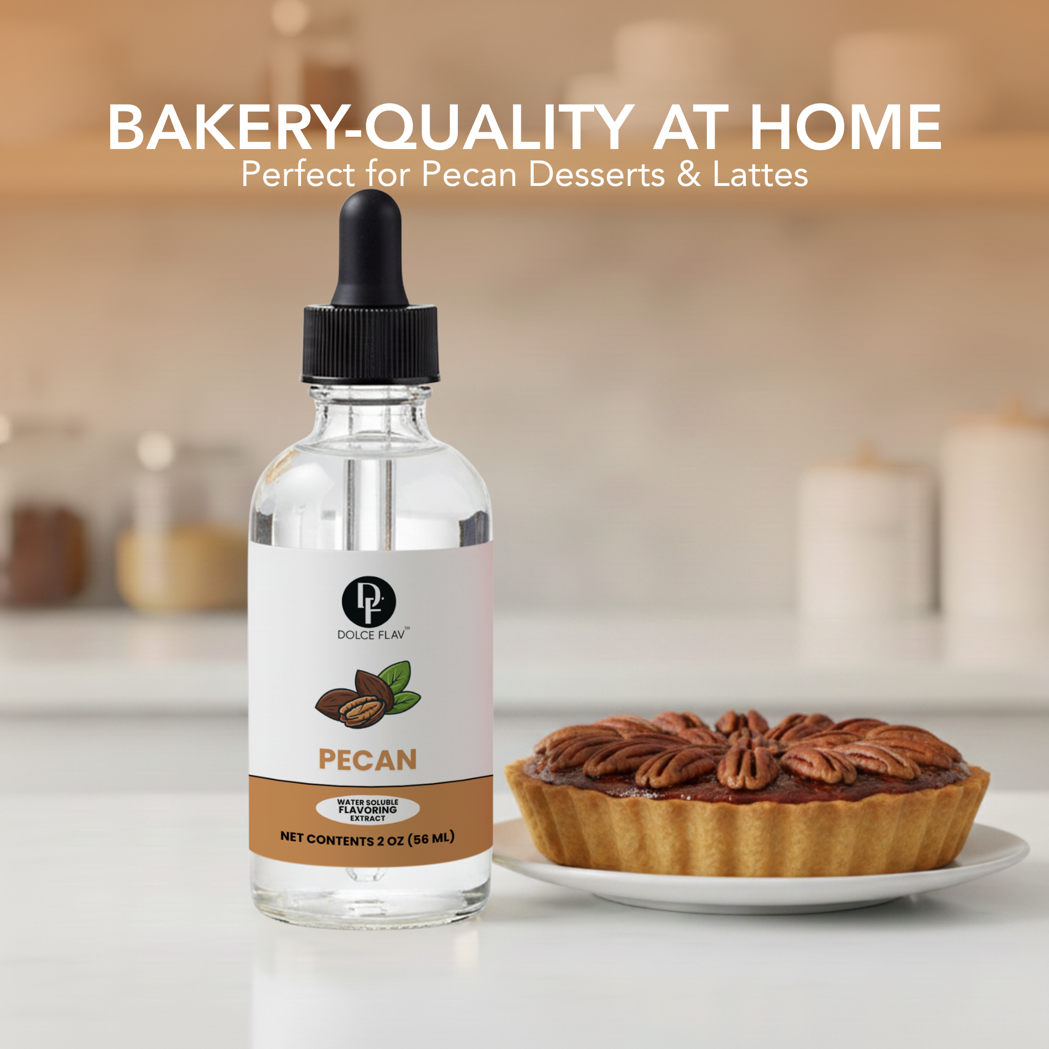Bottle of pecan syrup with a pie on a kitchen counter, emphasizing home bakery quality.
