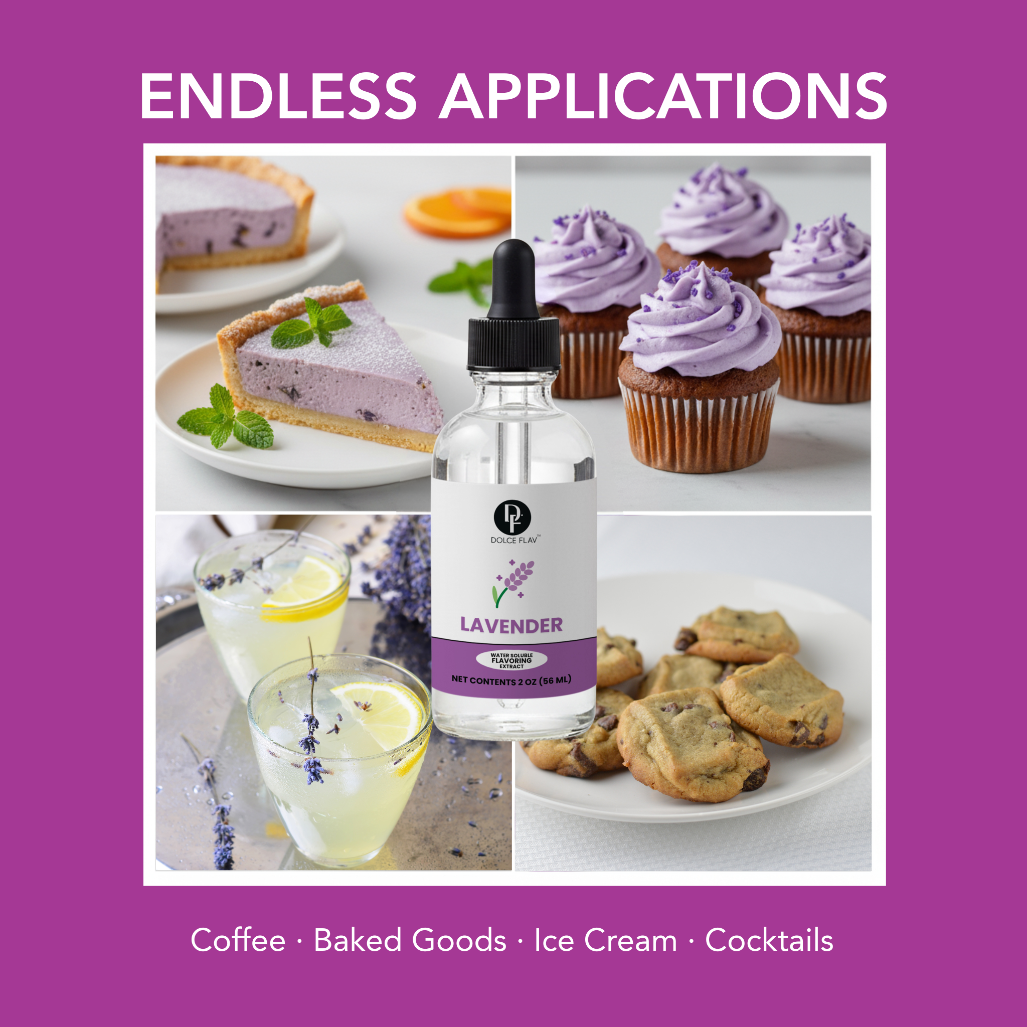 Lavender-flavored product with images of lavender-flavored baked goods, desserts, and drinks on a purple background.