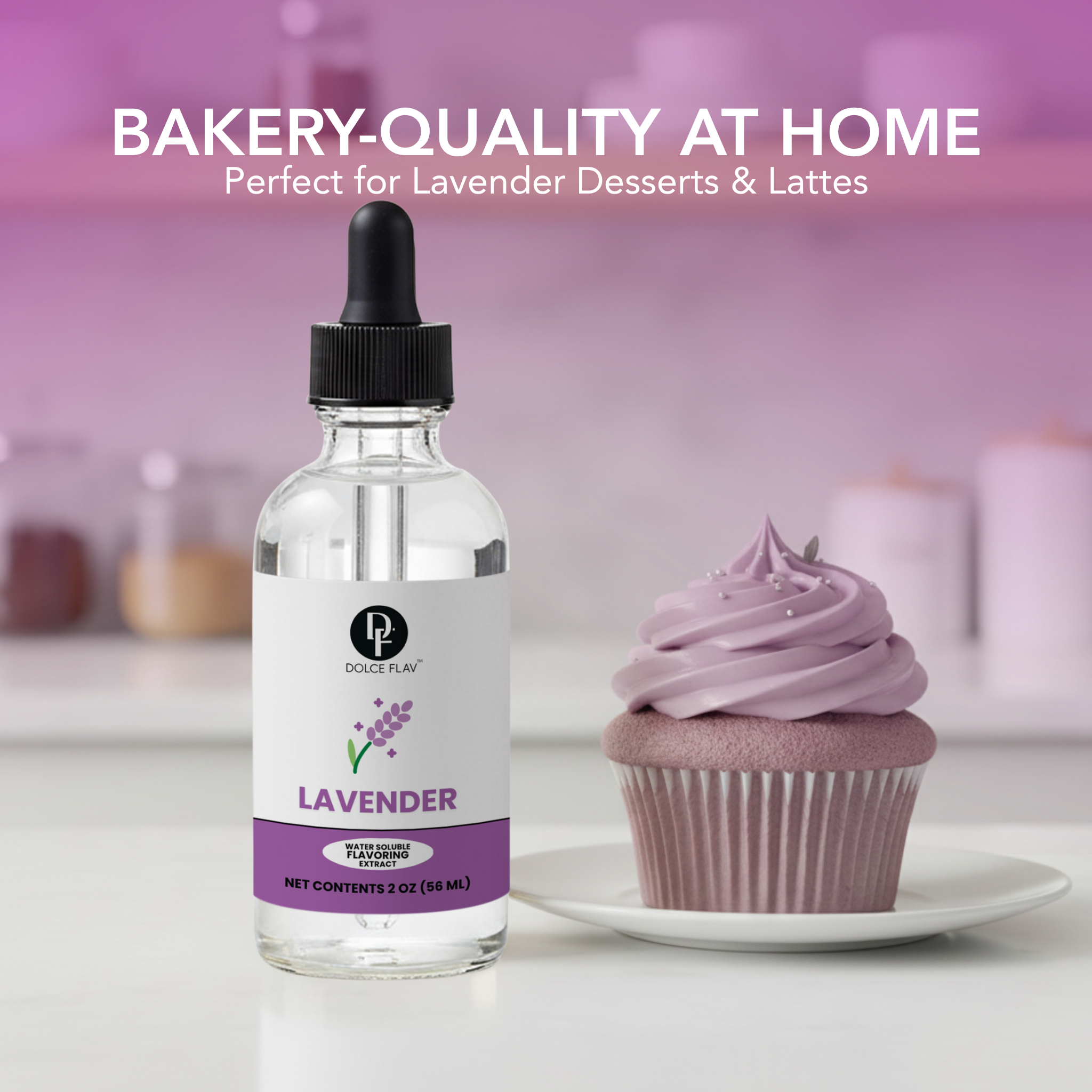 Bottle of lavender-flavored liquid with a cupcake on a white surface and pink background.
