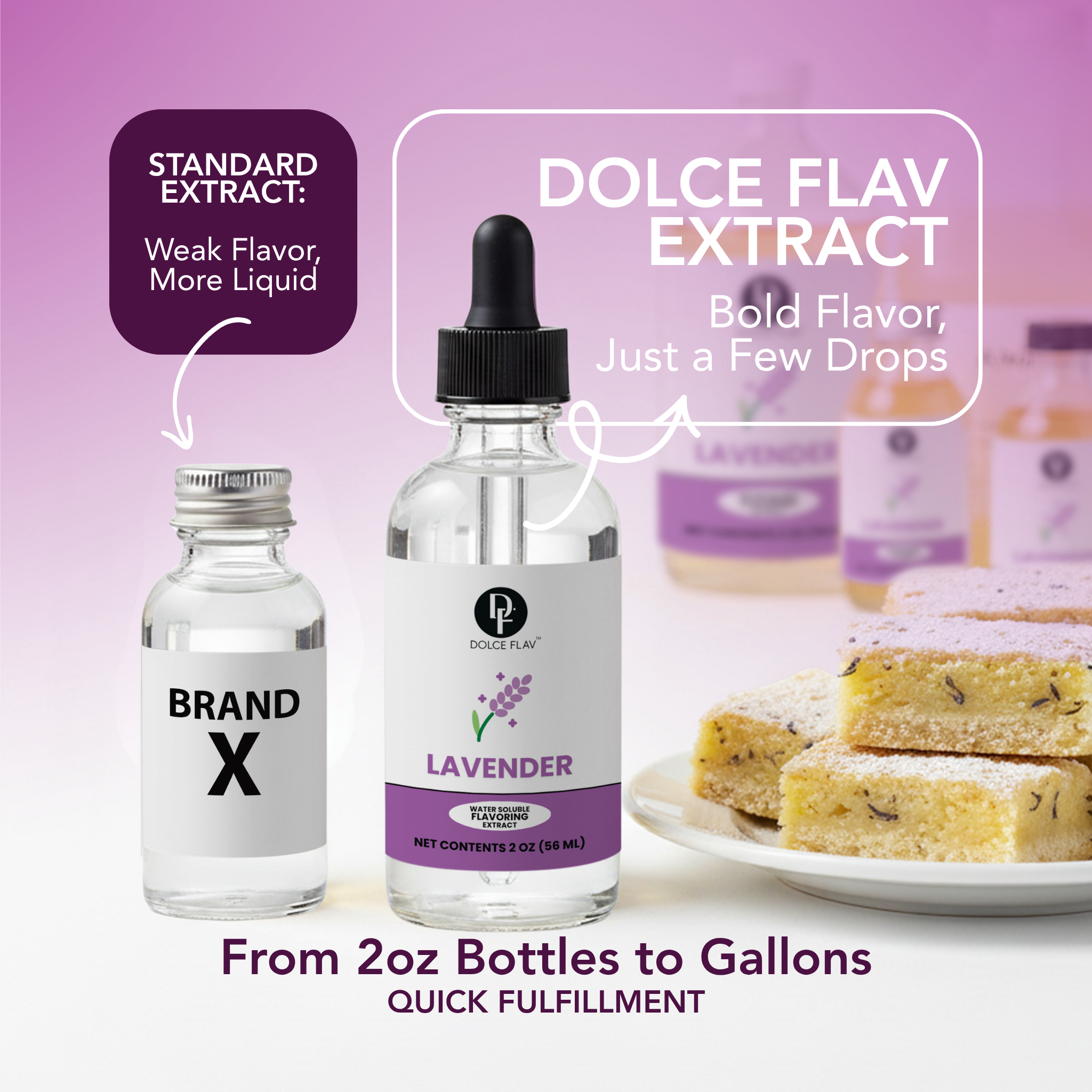 Dolce Flav extract bottle with branding and product details on a purple background.