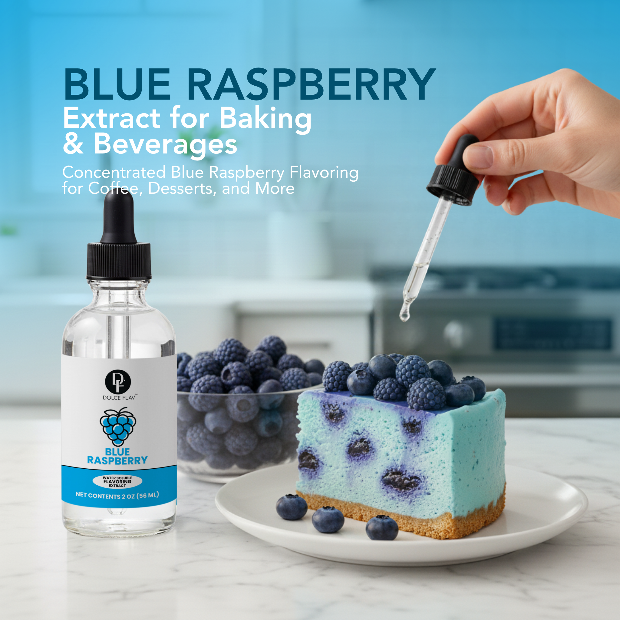 Blue raspberry extract bottle with a dropper, blueberry dessert, and bowl of blueberries on a kitchen counter.