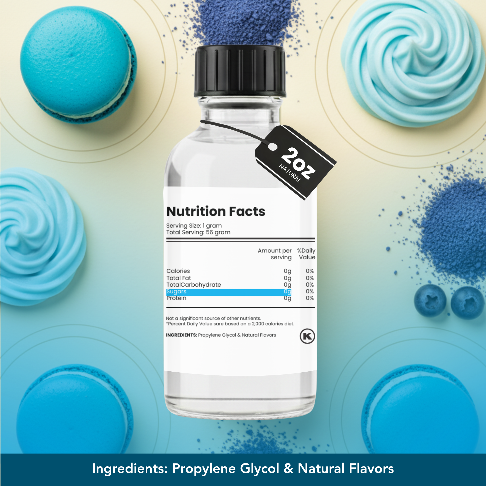 Bottle with nutrition facts label on a background of blue and white swirls and macarons.