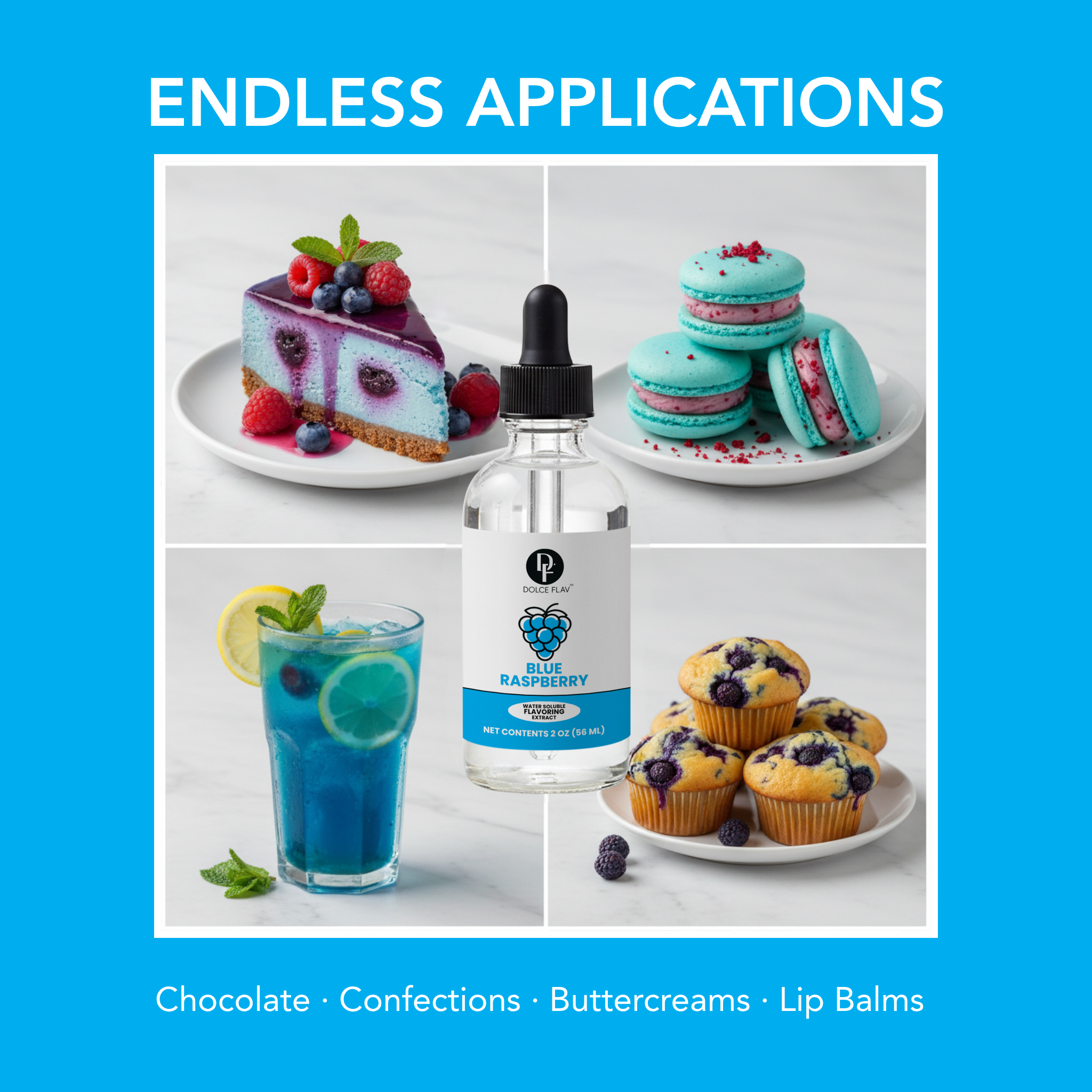 Bottle of blue raspberry flavoring with food items like a cake, macarons, and a drink on a blue background.