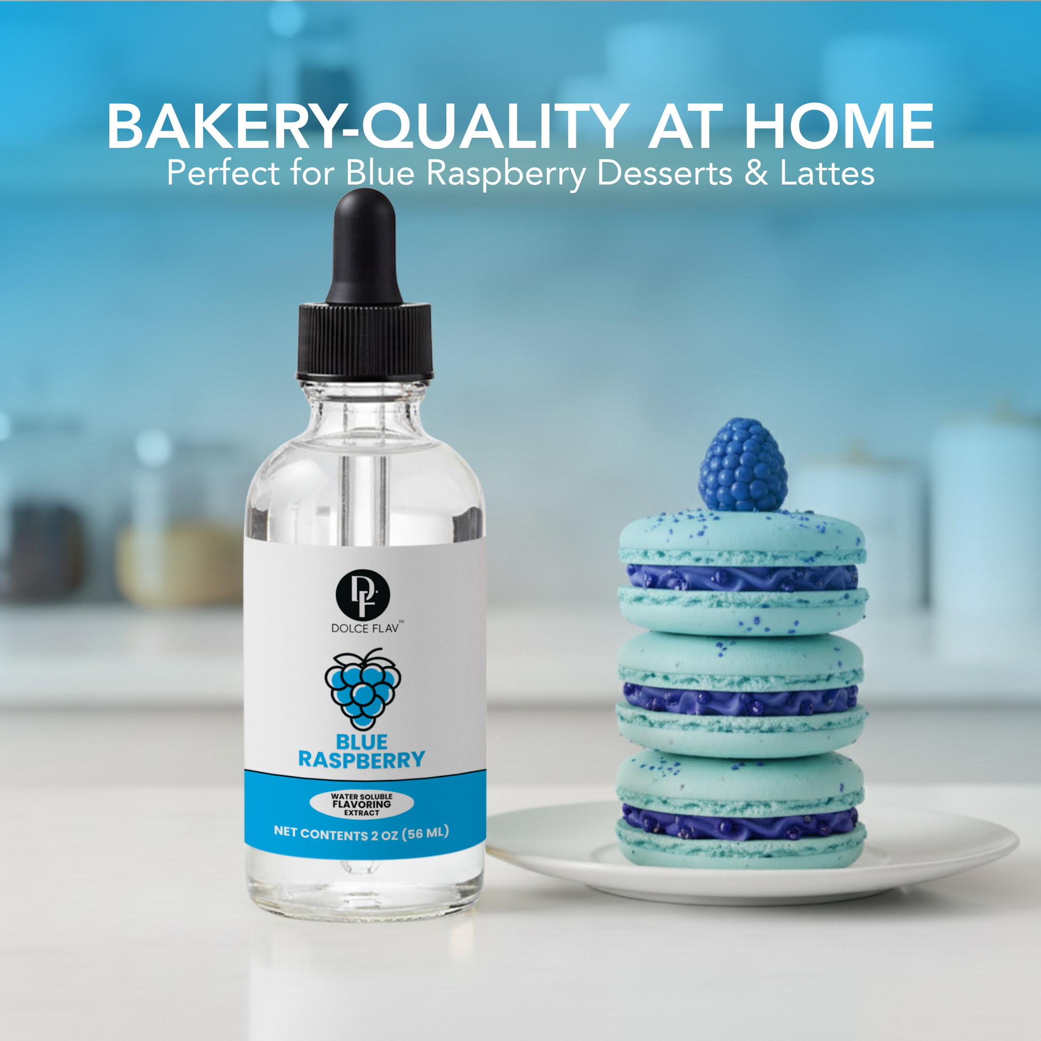 Bottle of blue raspberry flavoring next to blue and purple macarons with text 'Bakery-Quality at Home'.