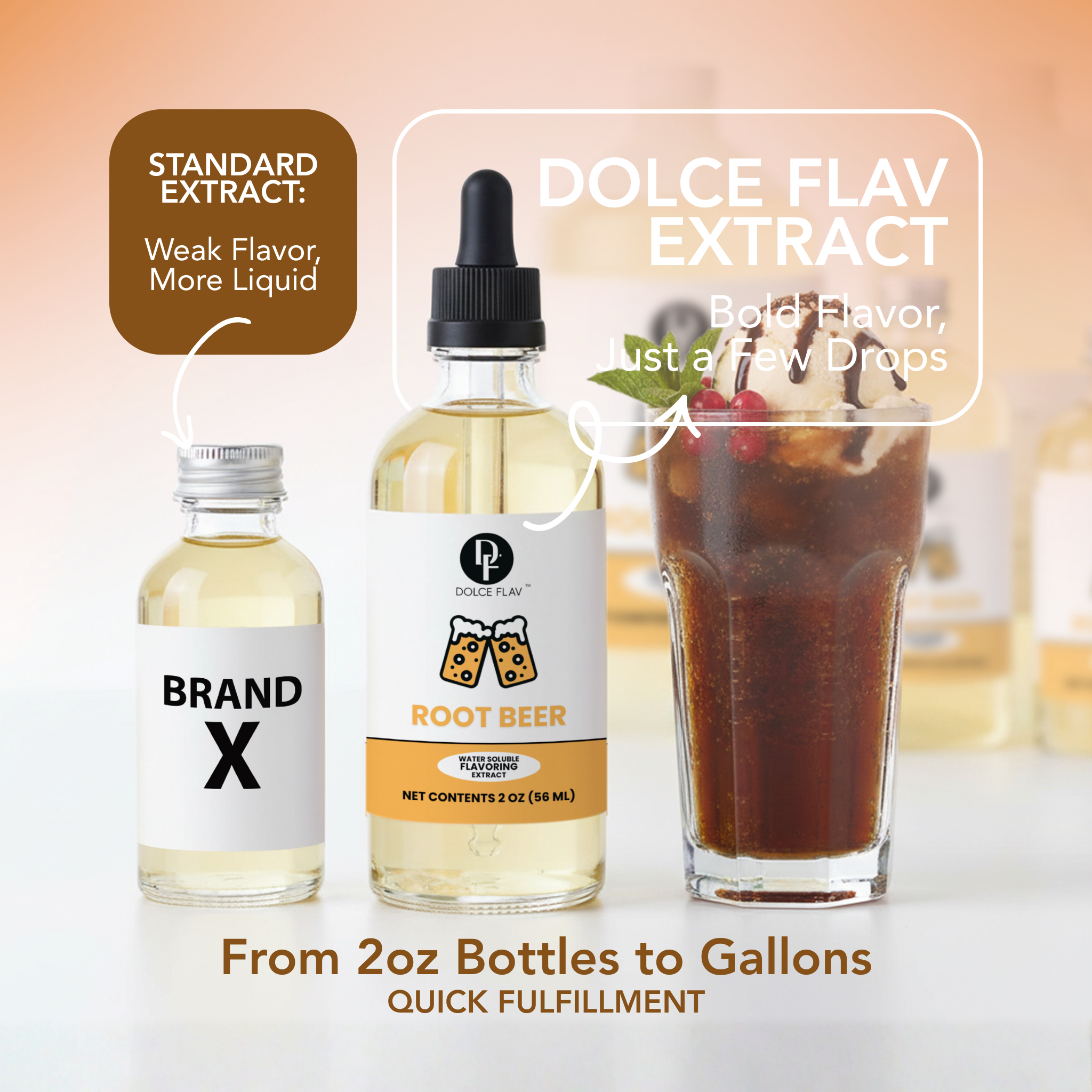 Two bottles of root beer extract with a glass of root beer and text about flavor strength.