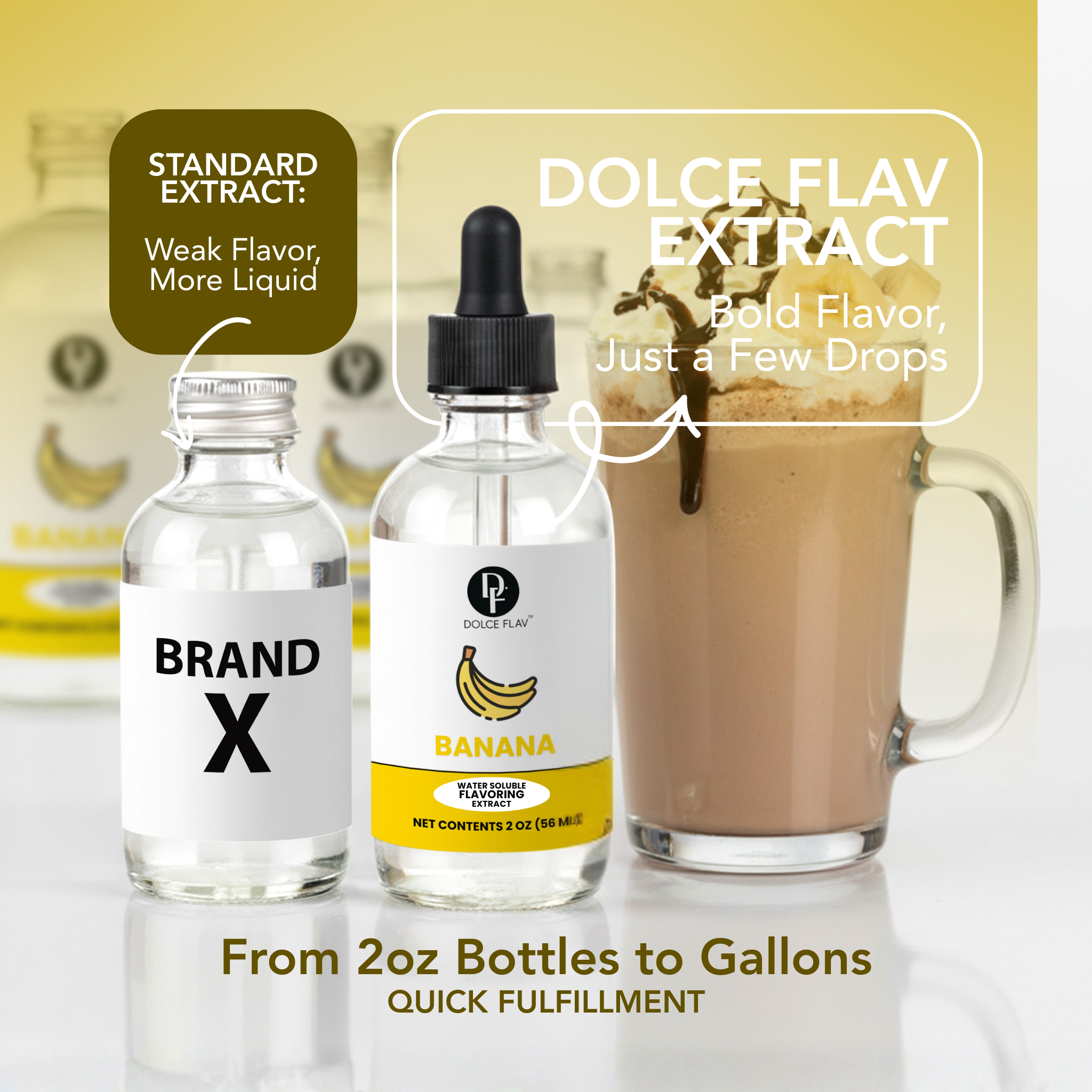Two bottles of banana-flavored extract with a glass of coffee and text highlighting flavor strength comparison.