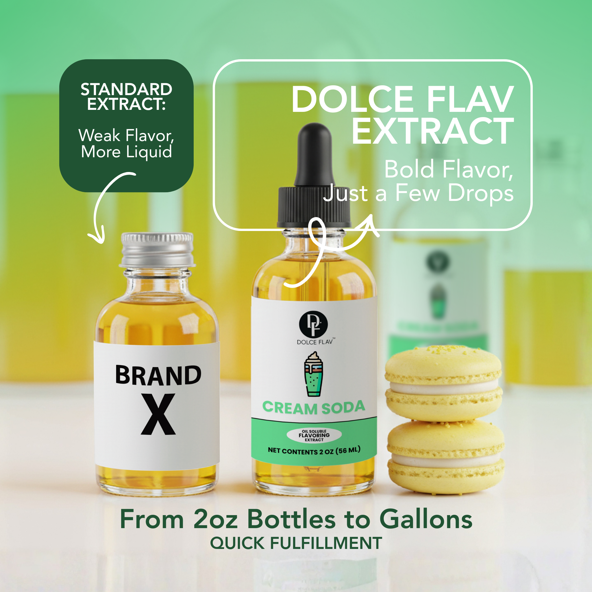 Comparison of Brand X and Dolce Flav extract bottles with cream soda and macarons on a light background.