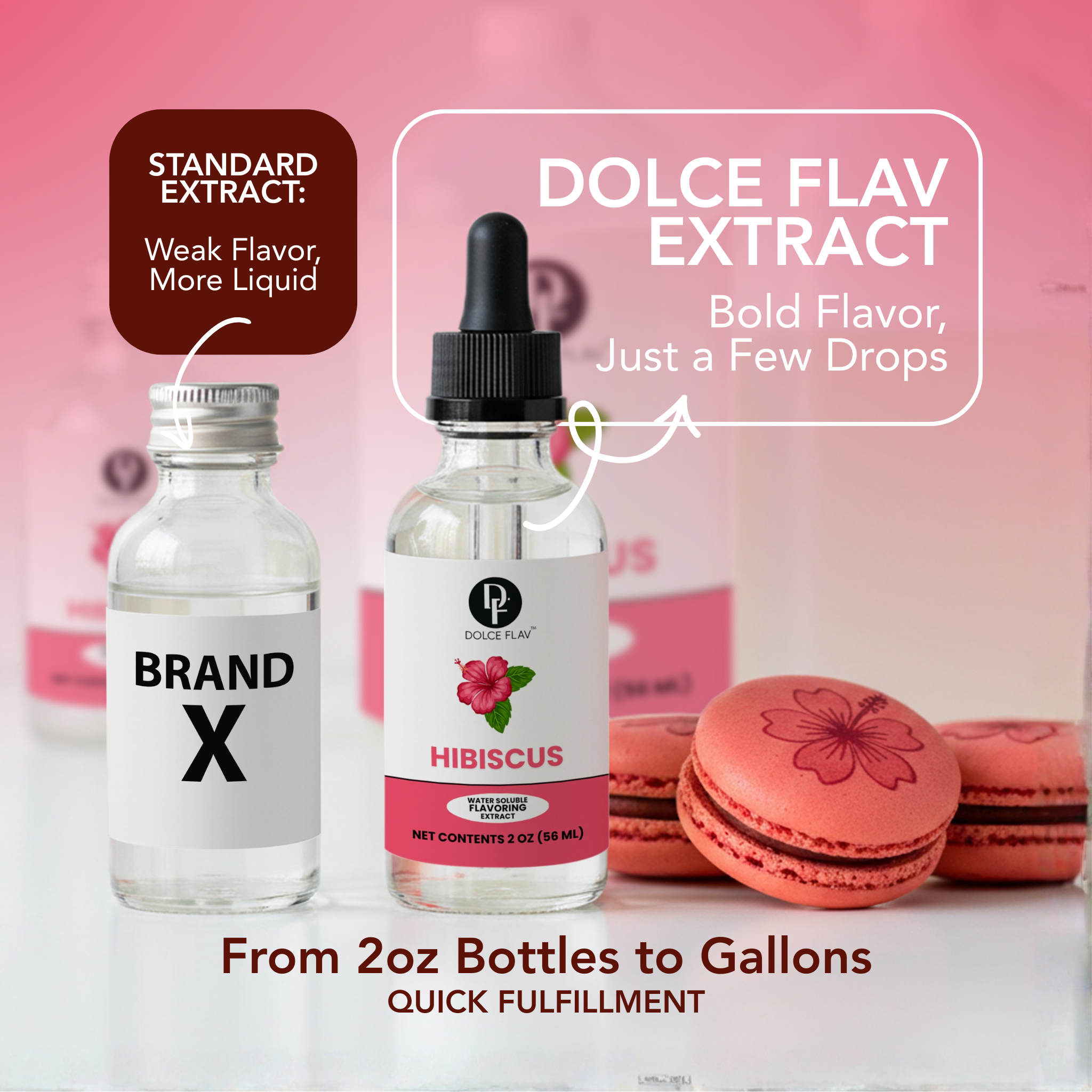 Comparison of 'Brand X' and Dolce Flav extract bottles with hibiscus flavor, macarons in the background.