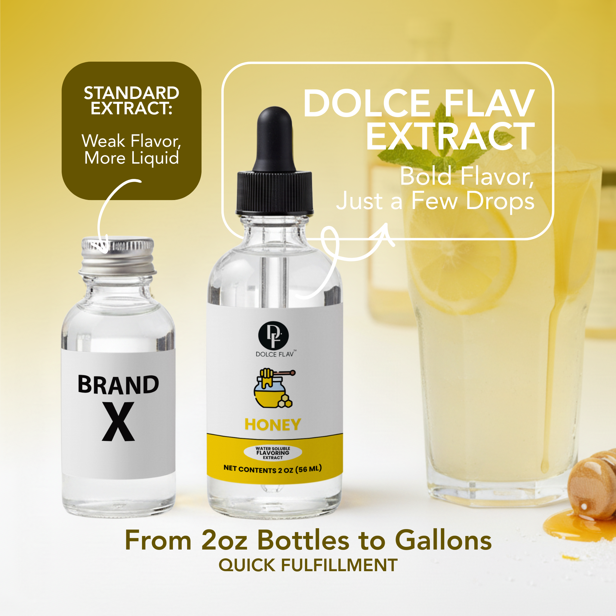 Comparison of Brand X and Dolce Flav extract bottles with a glass of honey lemonade.