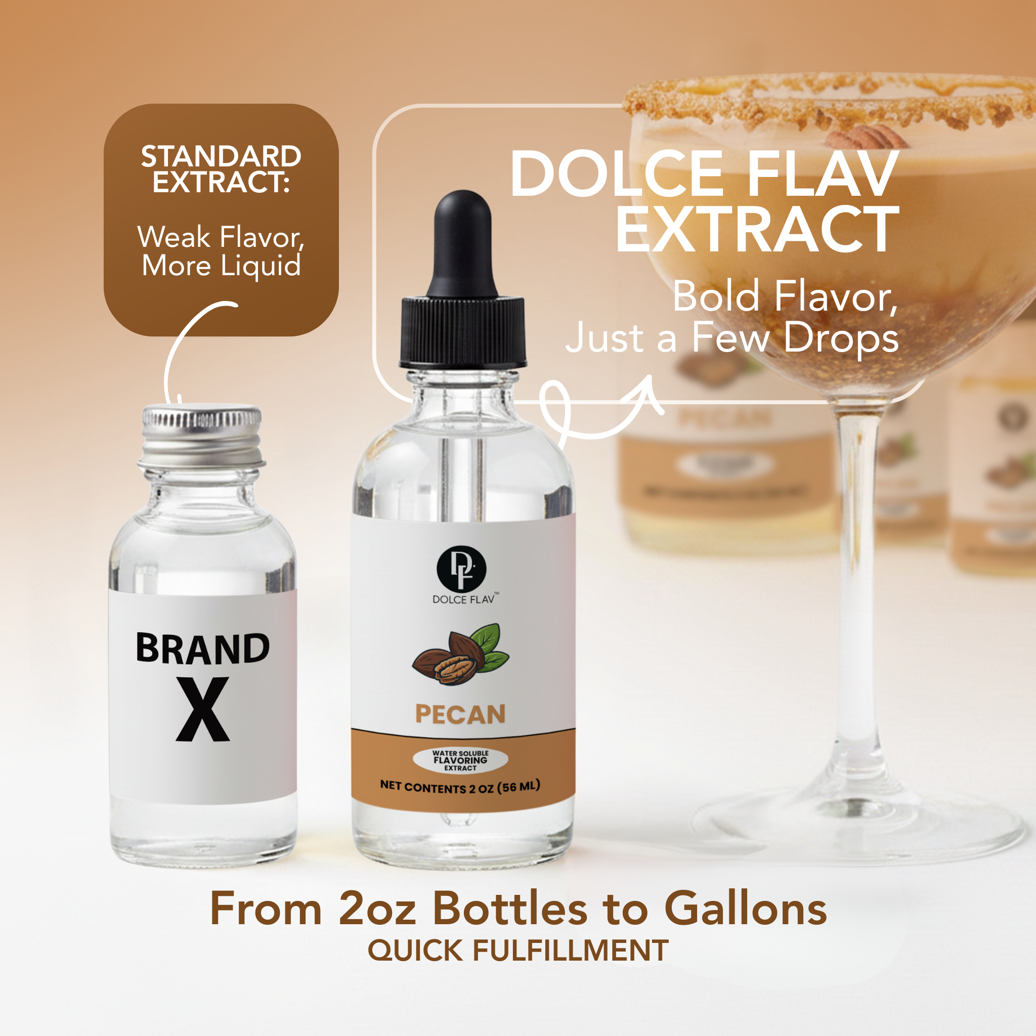 Two bottles of pecan extract with a glass of cocktail in the background, emphasizing flavor strength comparison.