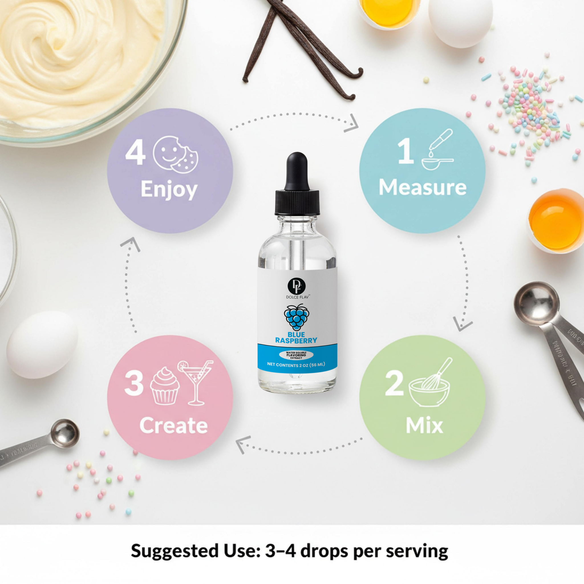 Bottle of blue raspberry flavoring with measurement and usage instructions on a white background with baking ingredients.