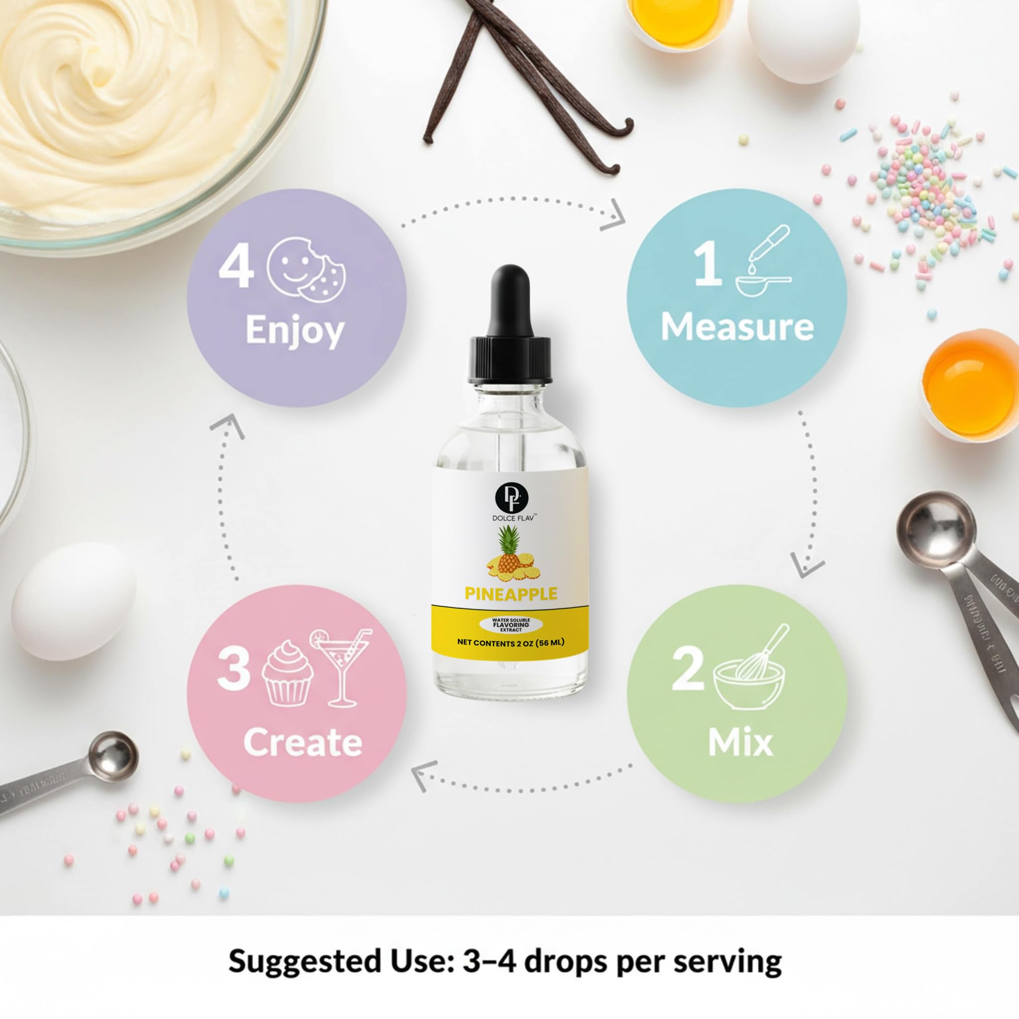Bottle of pineapple extract with cooking ingredients and steps on a white background