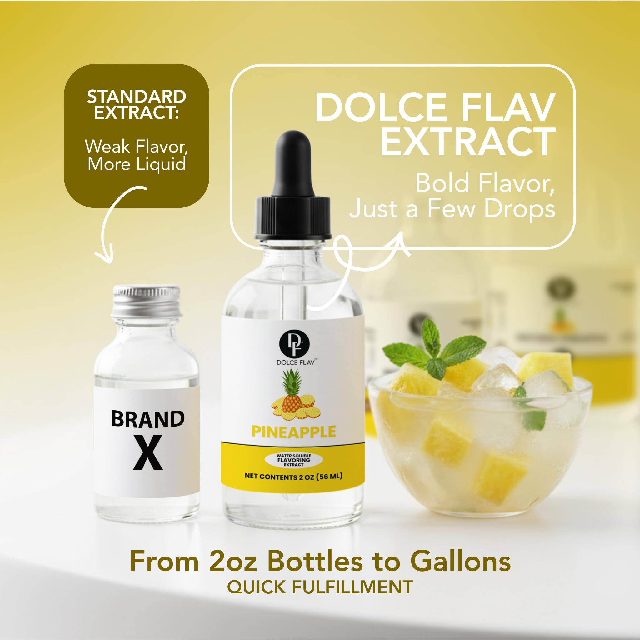 Dolce Flav Pineapple extract bottle with a comparison to Brand X on a yellow background.