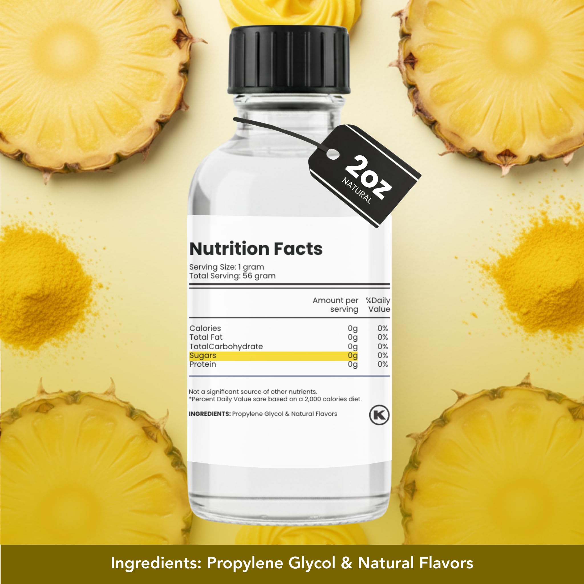 Bottle of 202 Nutrition with pineapple slices on a yellow background