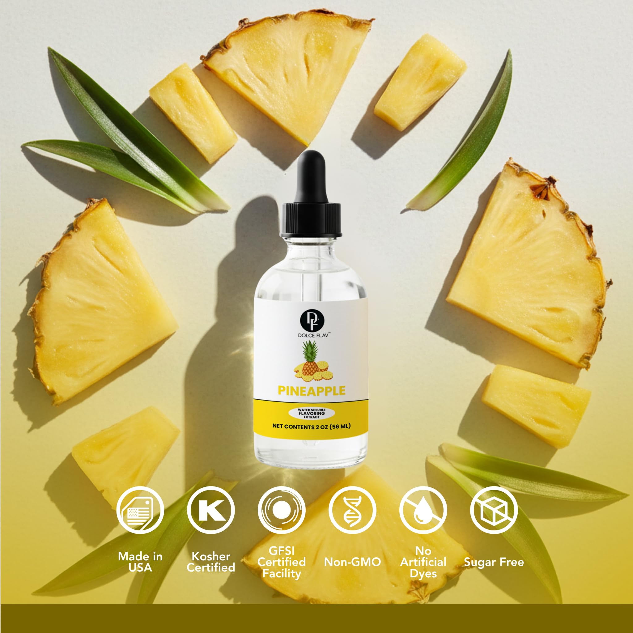 Bottle of pineapple-flavored liquid with sliced pineapples on a light yellow background
