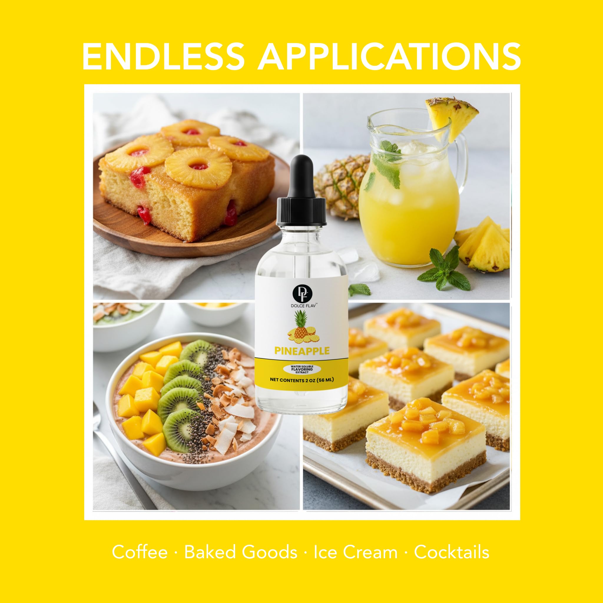 Collage of pineapple-flavored products with a bottle labeled 'Pineapple' on a yellow background.