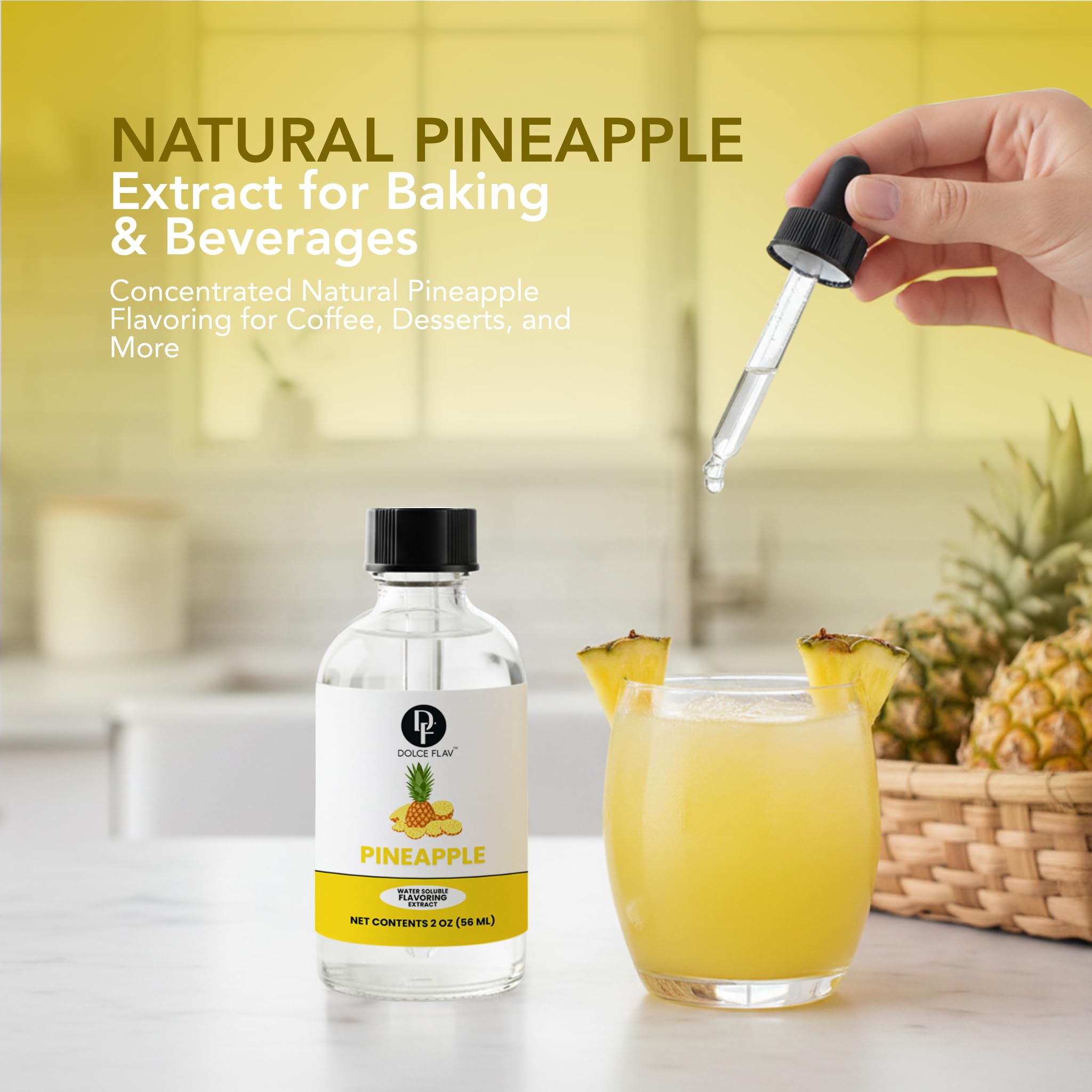 Pineapple extract bottle with a dropper, glass of pineapple juice, and pineapples on a blurred kitchen background.