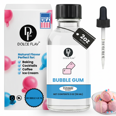 Dolce Flav bubble gum flavor extract bottle with packaging and dropper on a white background
