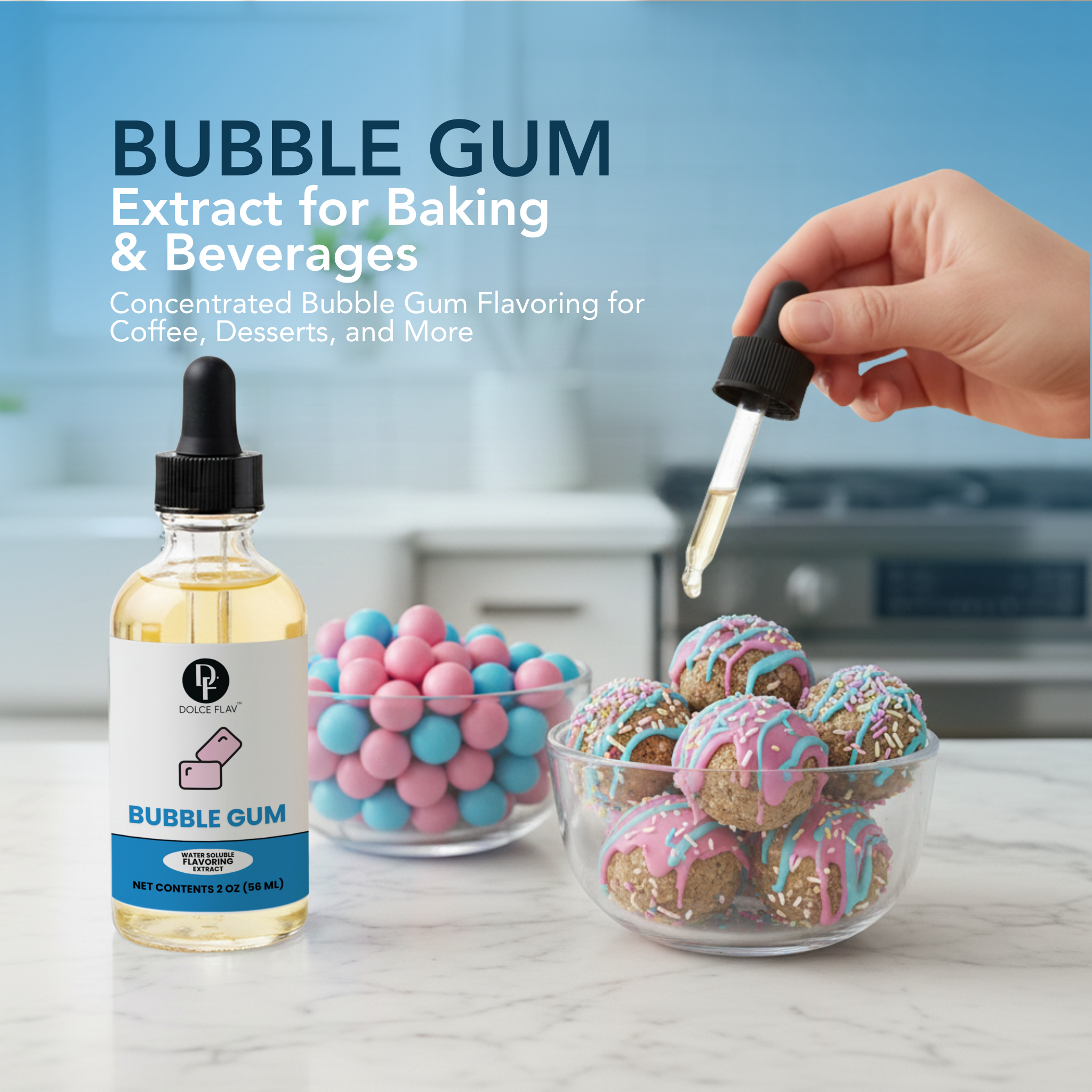 Bottle of bubble gum extract with a dropper, bowls of bubble gum balls, and decorated cookies on a marble surface.