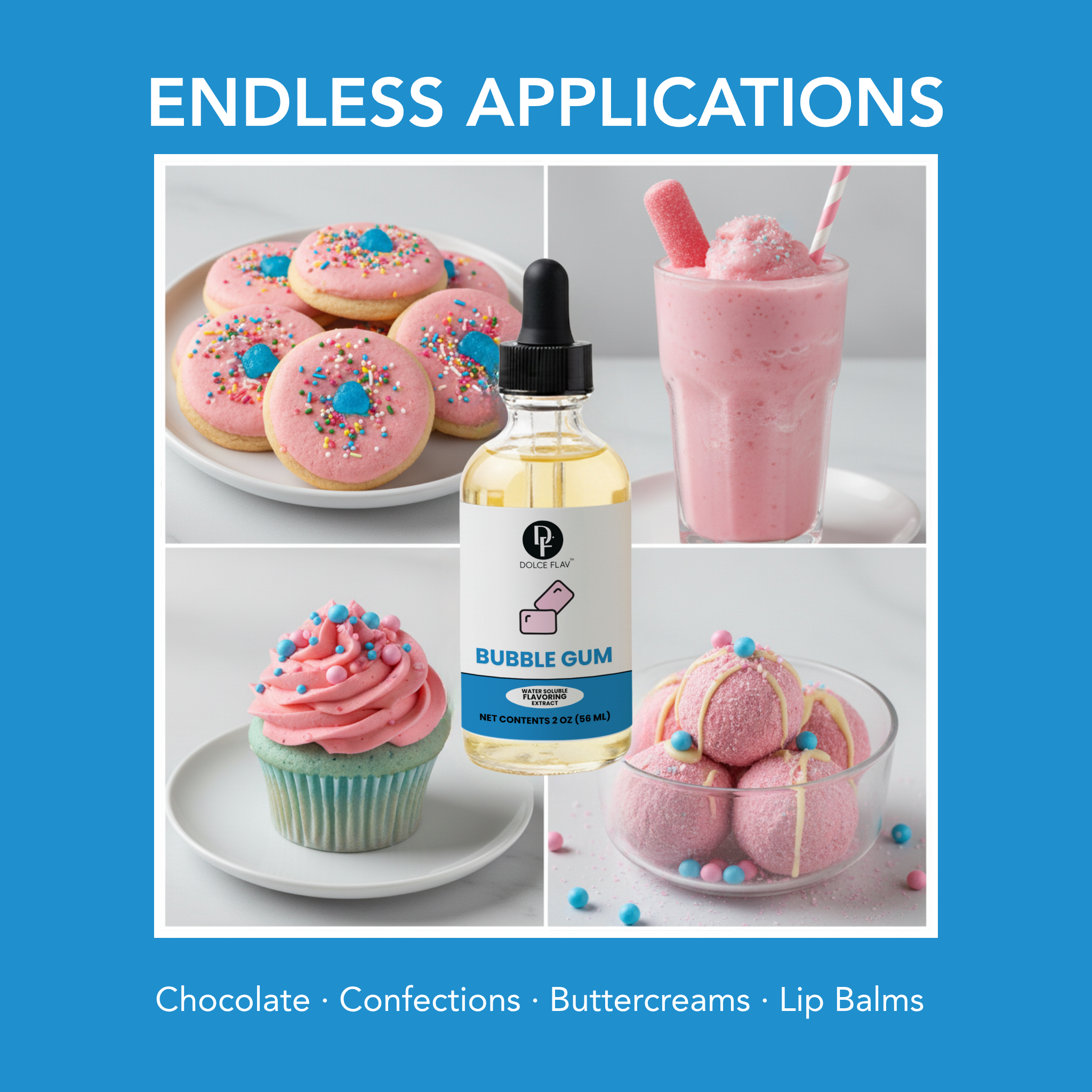 Bottle of bubble gum-flavored product with images of confections and text about its applications.